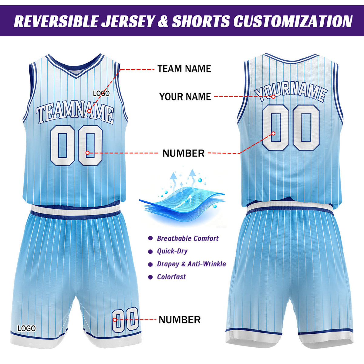 Custom Gradient Light Blue & White Pinstripe Reversible Basketball Jersey Shorts Set | Personalized Team Uniform
