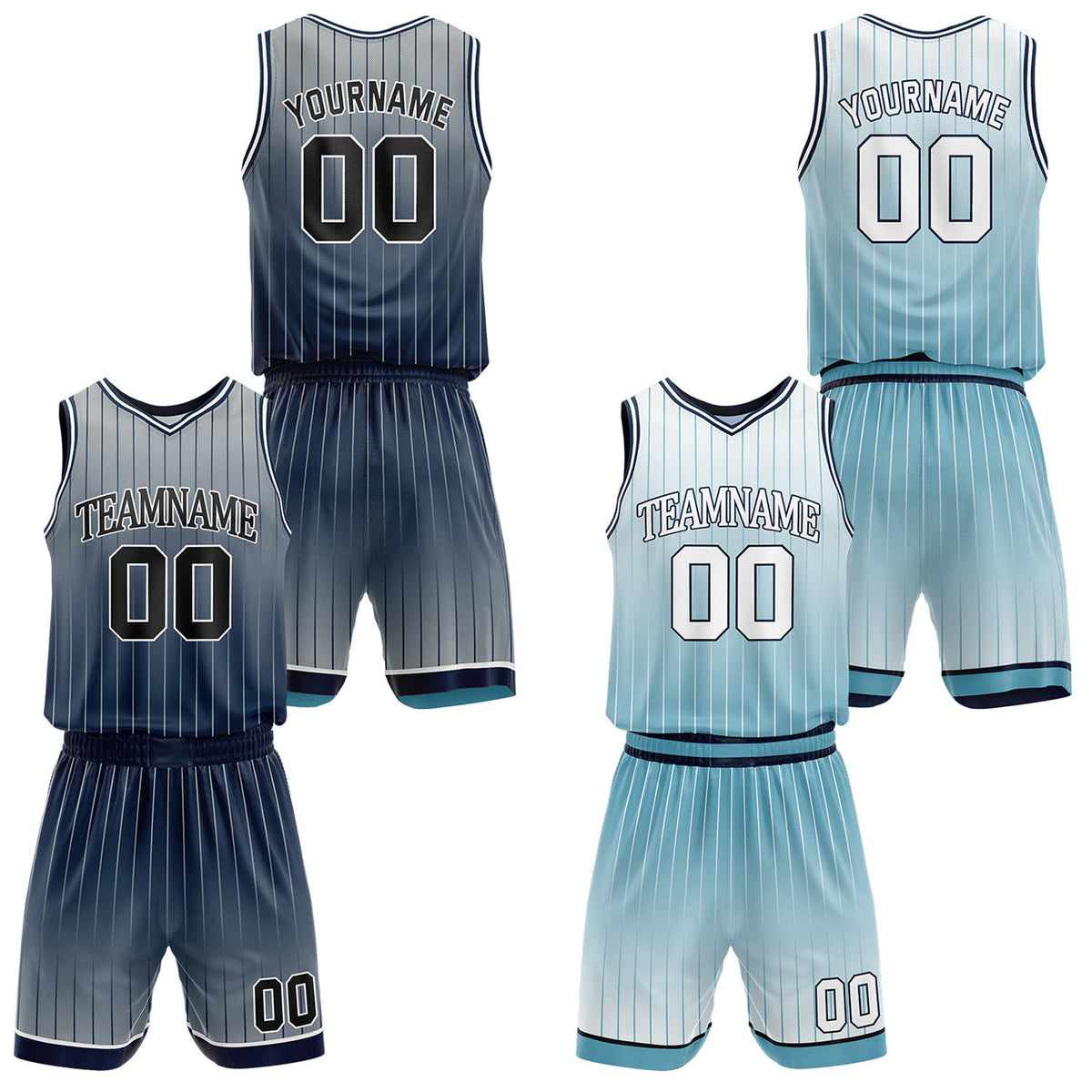 Custom gradient navy &amp; light blue pinstripe reversible basketball jersey shorts set by Vosoli | Personalized team name number vintage uniform sportswear