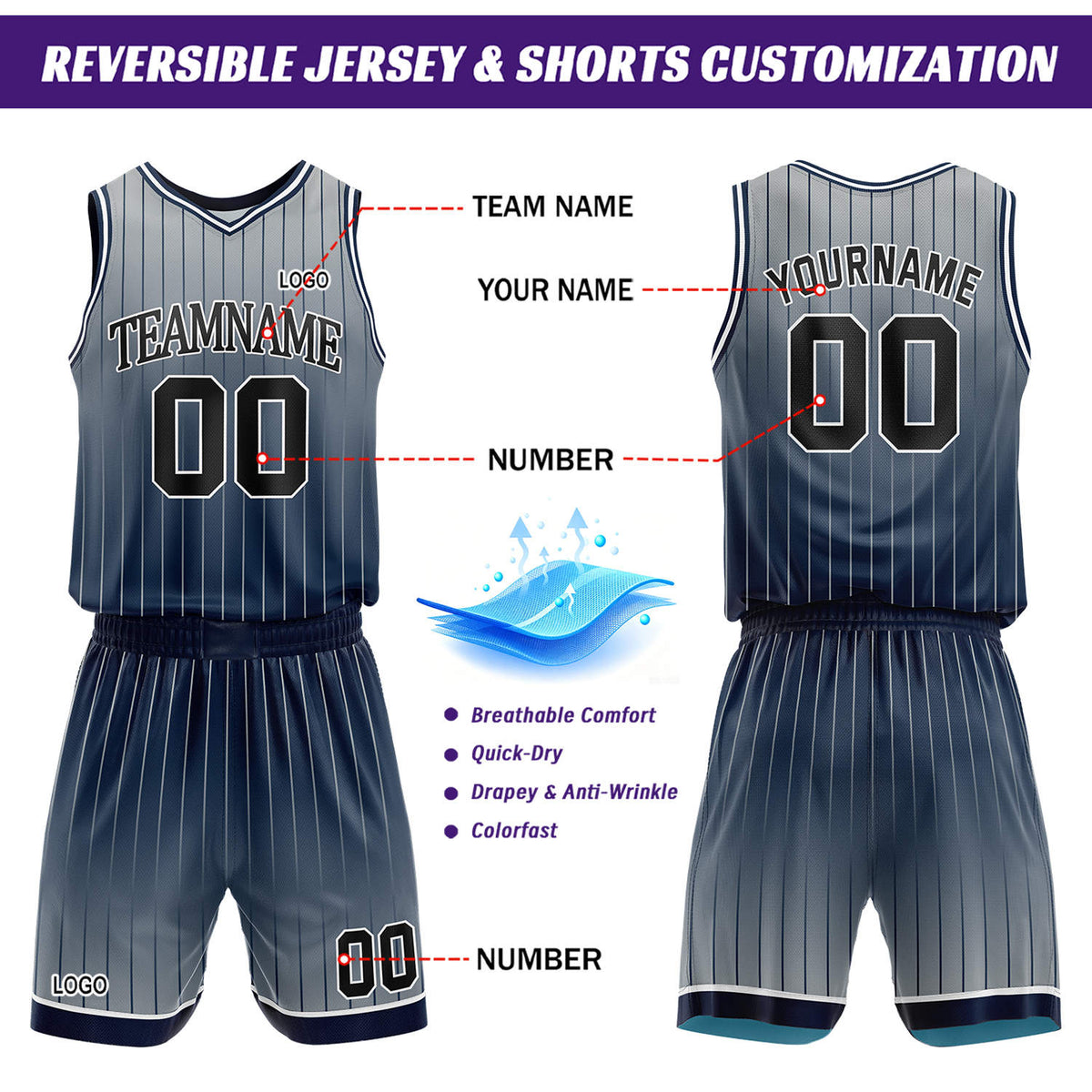 Custom Gradient Navy & Light Blue Pinstripe Reversible Basketball Jersey Shorts Set | Personalized Team Uniform