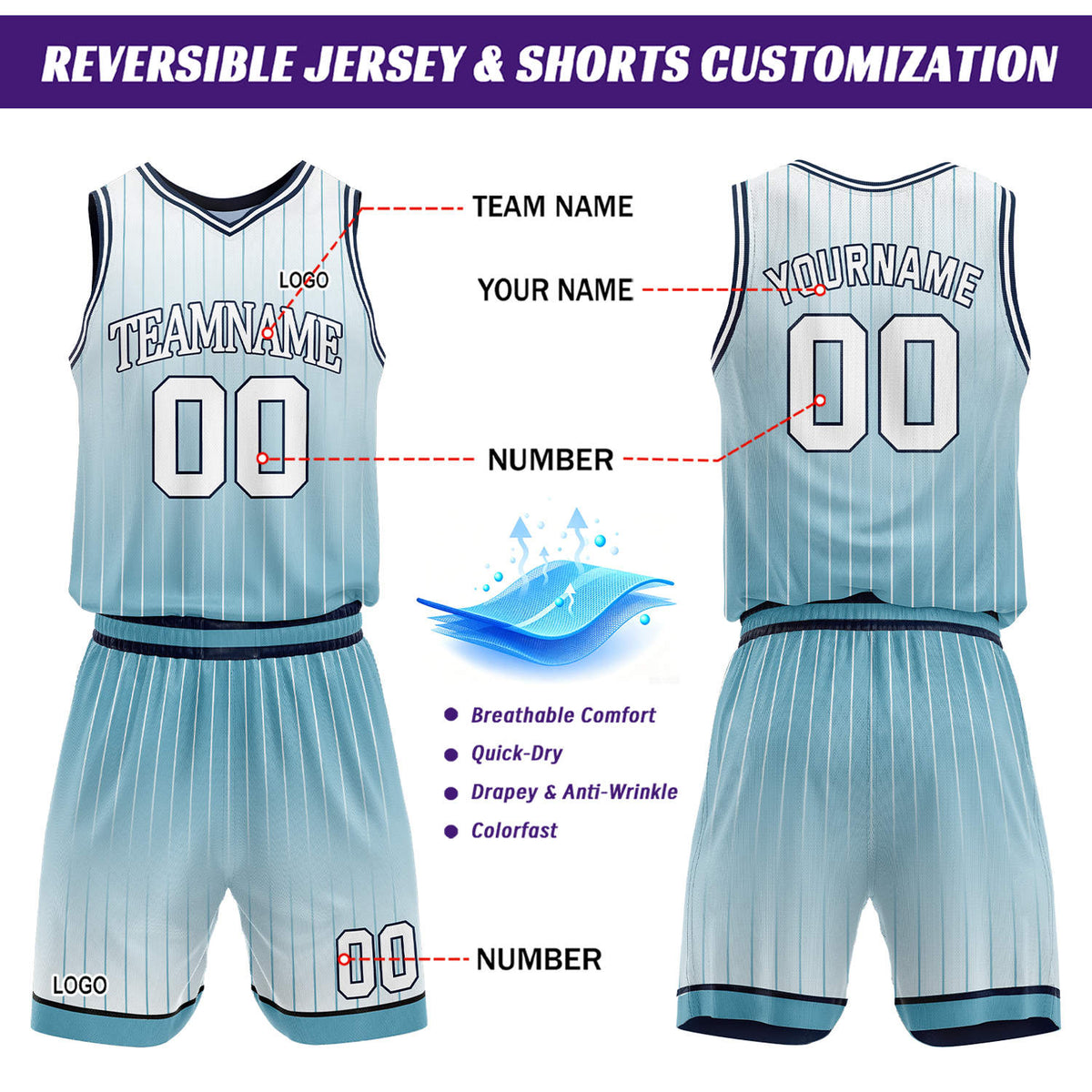 Custom Gradient Navy & Light Blue Pinstripe Reversible Basketball Jersey Shorts Set | Personalized Team Uniform
