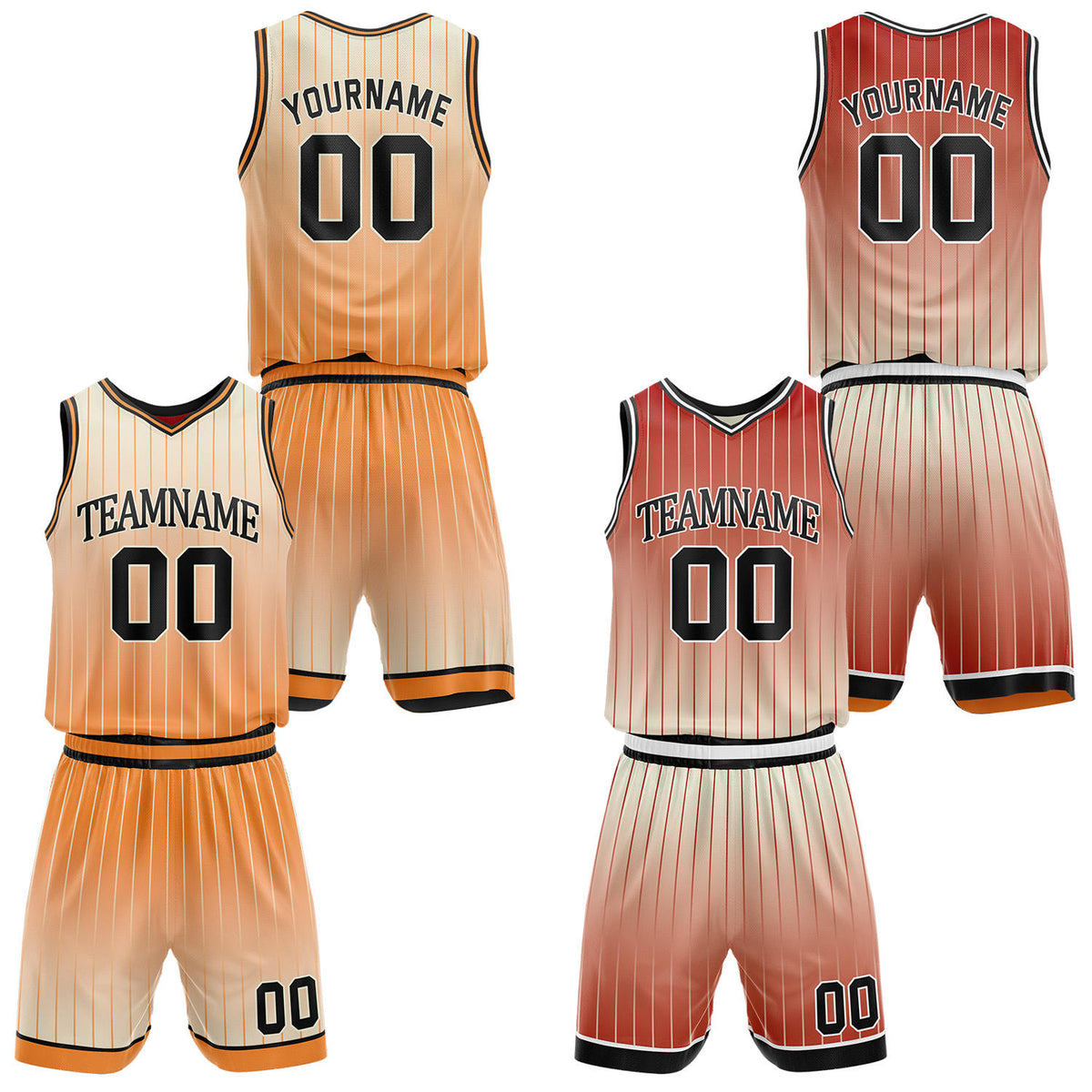 Custom gradient orange &amp; red pinstripe reversible basketball jersey shorts set by Vosoli | Personalized team name number vintage uniform sportswear