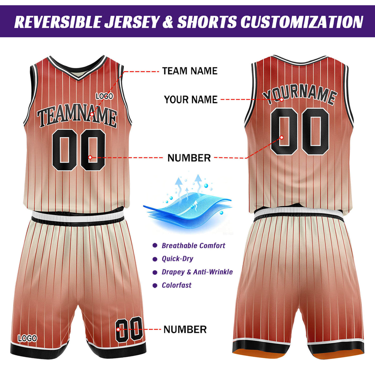 Custom Gradient Orange & Red Pinstripe Reversible Basketball Jersey Shorts Set | Personalized Team Uniform