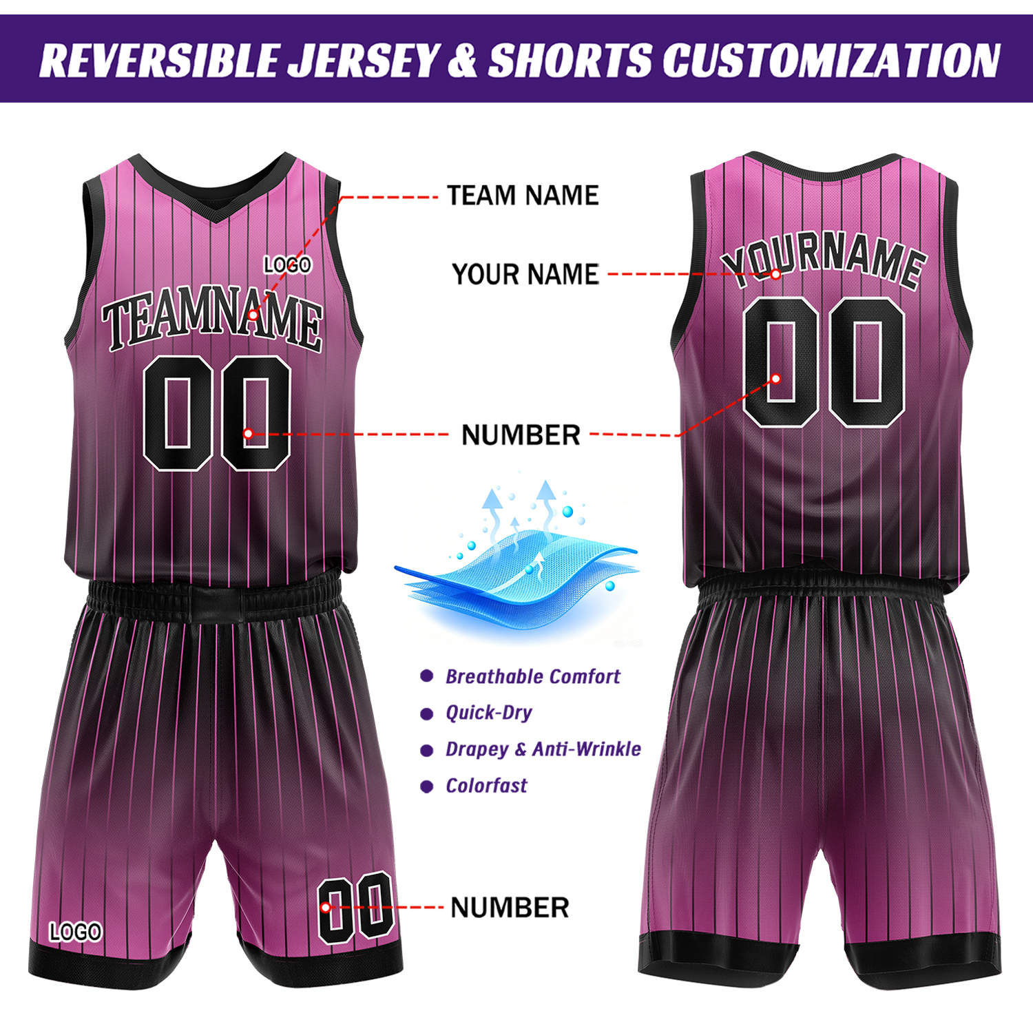 Custom Gradient Pink & Purple Pinstripe Reversible Basketball Jersey Shorts Set | Personalized Team Uniform