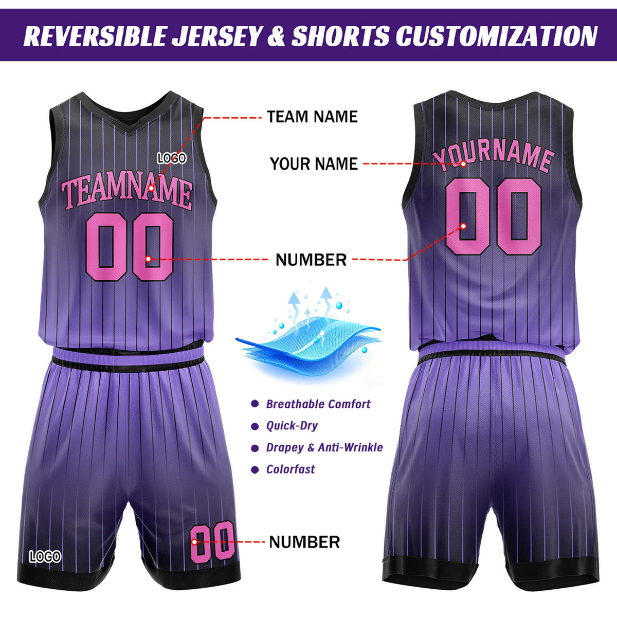 Custom Gradient Pink & Purple Pinstripe Reversible Basketball Jersey Shorts Set | Personalized Team Uniform