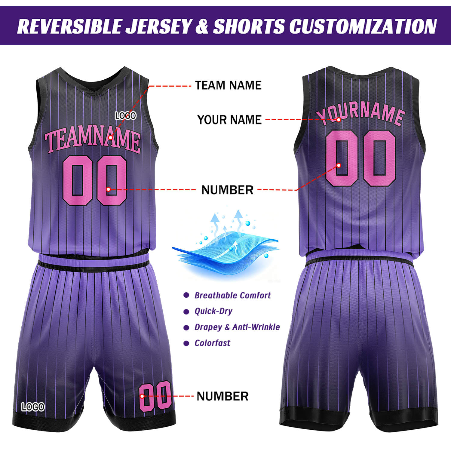 Custom Gradient Pink & Purple Pinstripe Reversible Basketball Jersey Shorts Set | Personalized Team Uniform