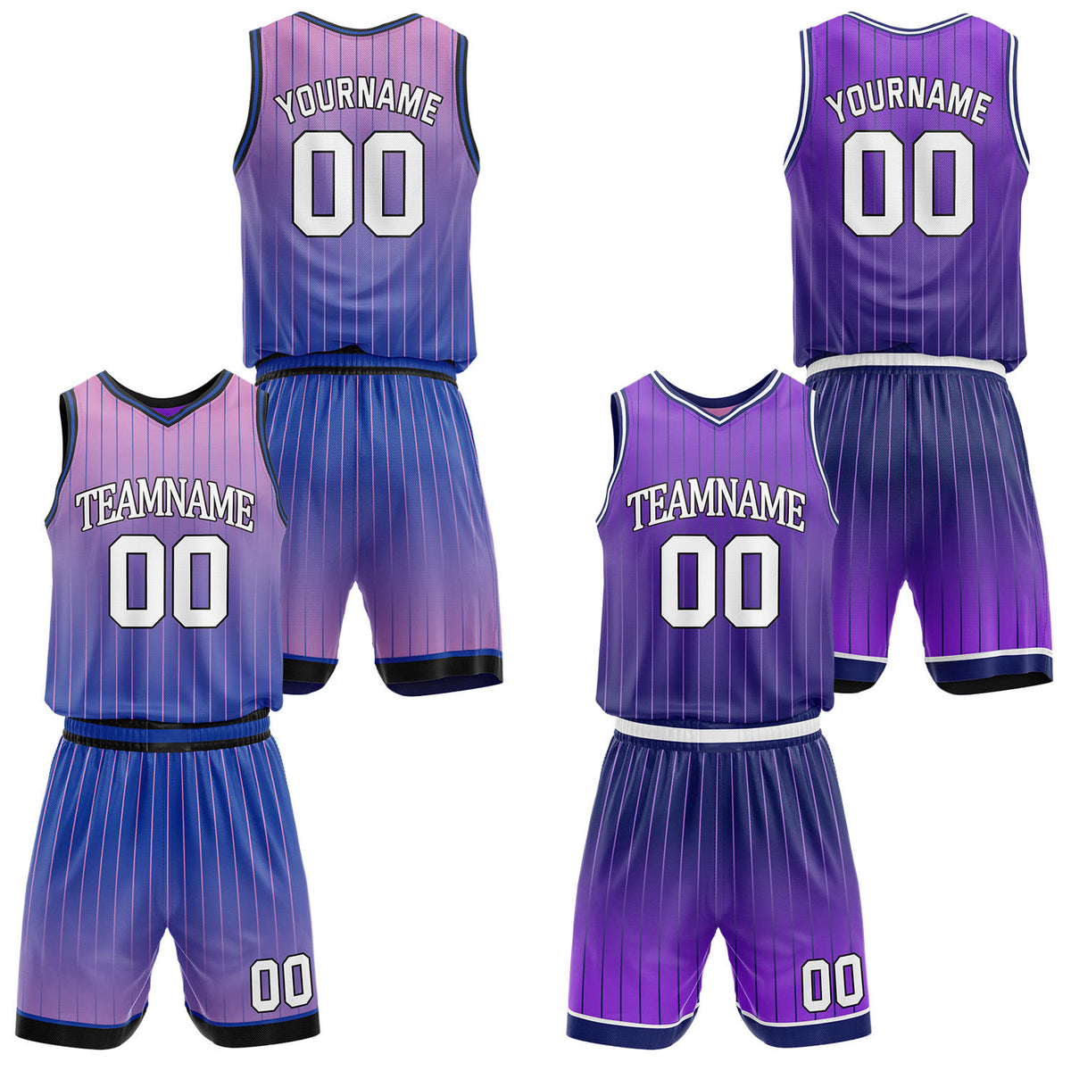Custom gradient purple &amp; lilac pinstripe reversible basketball jersey shorts set by Vosoli | Personalized team name number vintage uniform sportswear