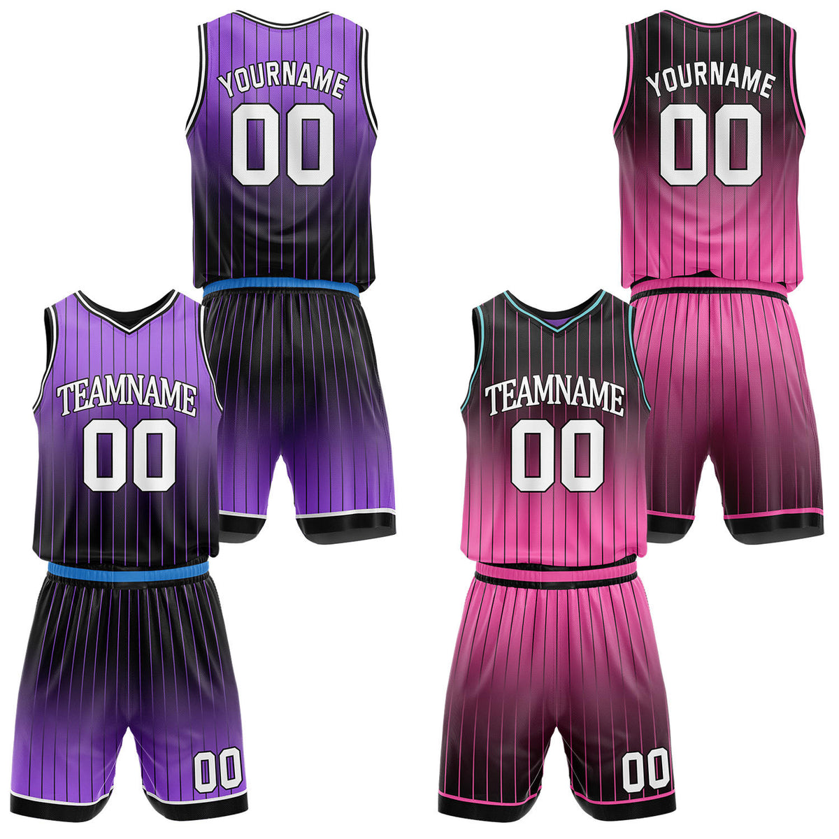 Custom gradient purple &amp; pink pinstripe reversible basketball jersey shorts set by Vosoli | Personalized team name number vintage uniform sportswear