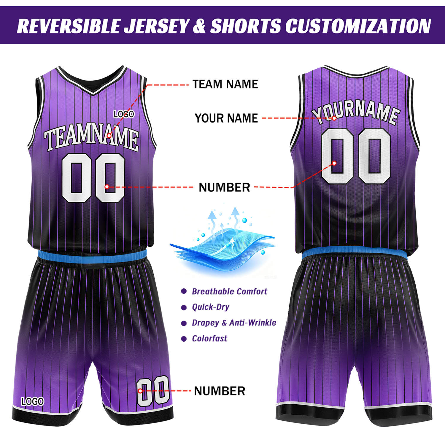 Custom Gradient Purple & Pink Pinstripe Reversible Basketball Jersey Shorts Set | Personalized Team Uniform