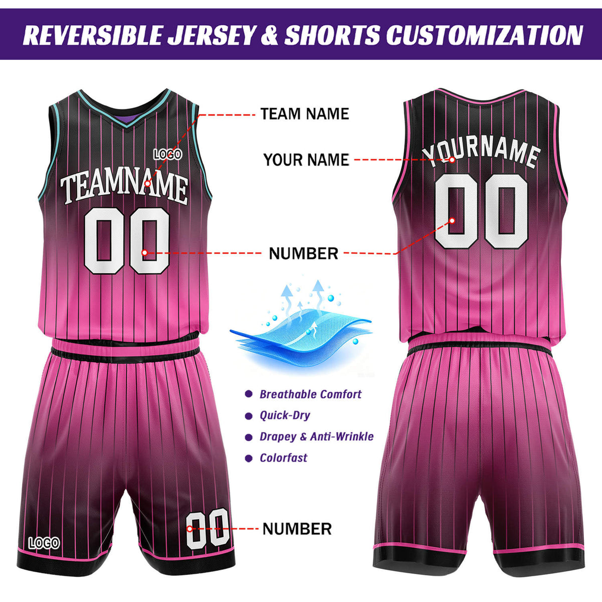 Custom Gradient Purple & Pink Pinstripe Reversible Basketball Jersey Shorts Set | Personalized Team Uniform