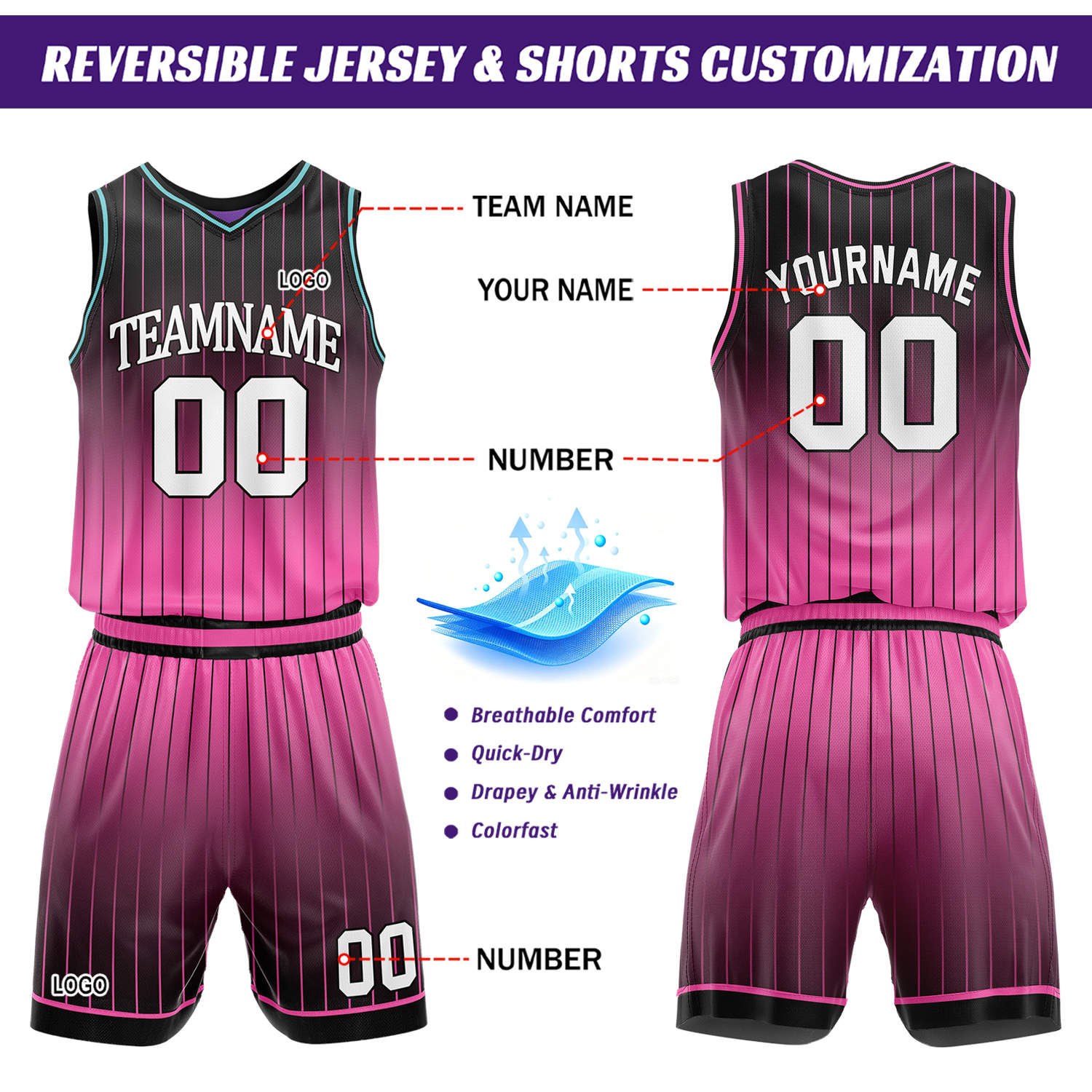 Custom Gradient Purple & Pink Pinstripe Reversible Basketball Jersey Shorts Set | Personalized Team Uniform