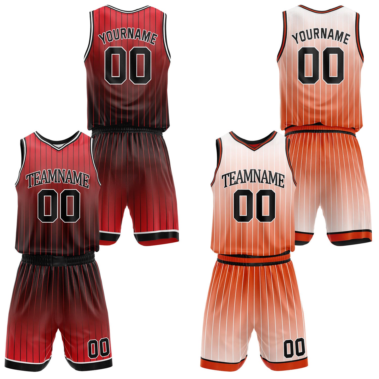 Custom gradient red & orange pinstripe reversible basketball jersey shorts set by Vosoli | Personalized team name number vintage uniform sportswear