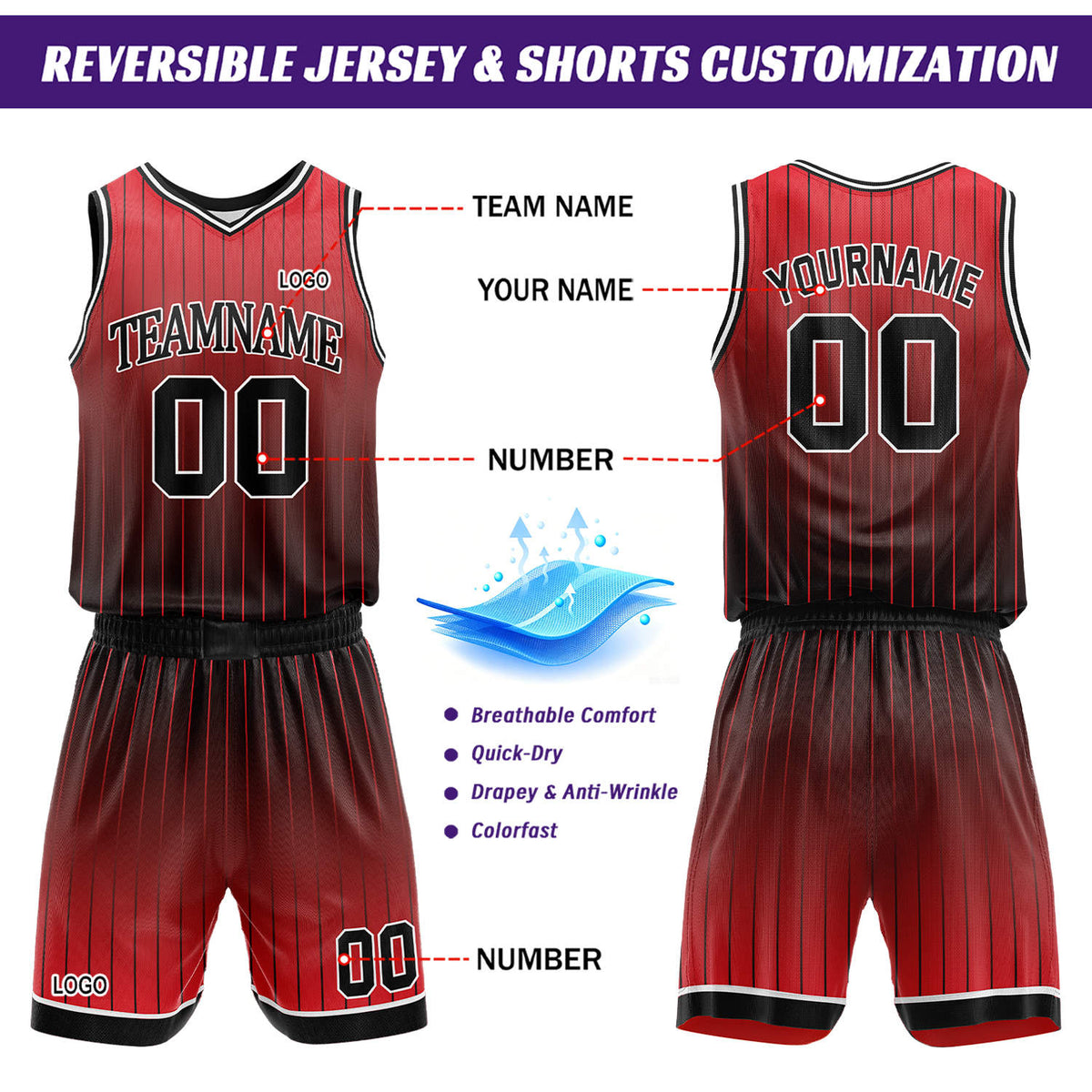 Custom Gradient Red & Orange Pinstripe Reversible Basketball Jersey Shorts Set | Personalized Team Uniform