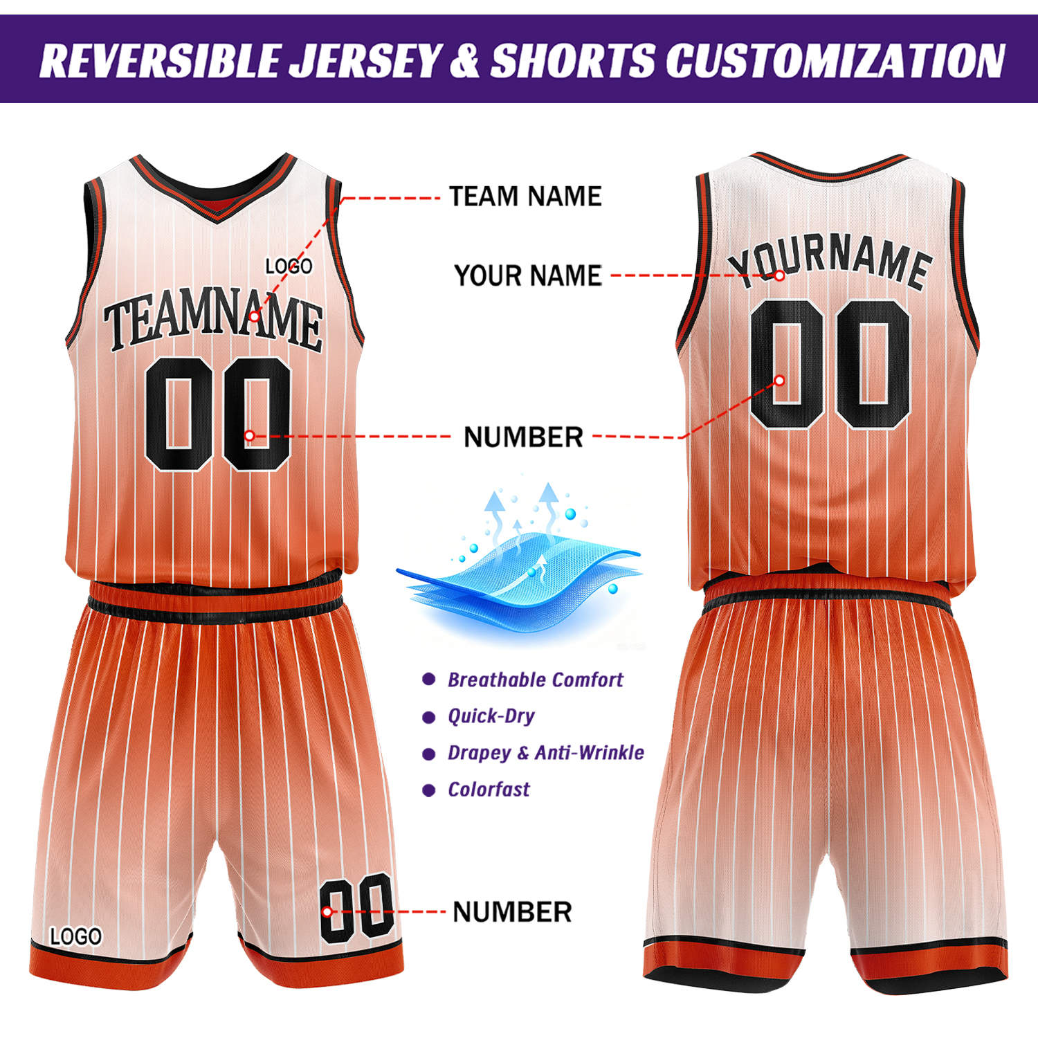 Custom Gradient Red & Orange Pinstripe Reversible Basketball Jersey Shorts Set | Personalized Team Uniform