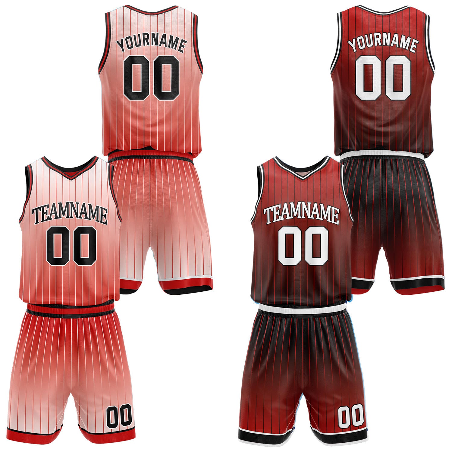 Custom gradient red & white pinstripe reversible basketball jersey shorts set by Vosoli | Personalized team name number vintage uniform sportswear