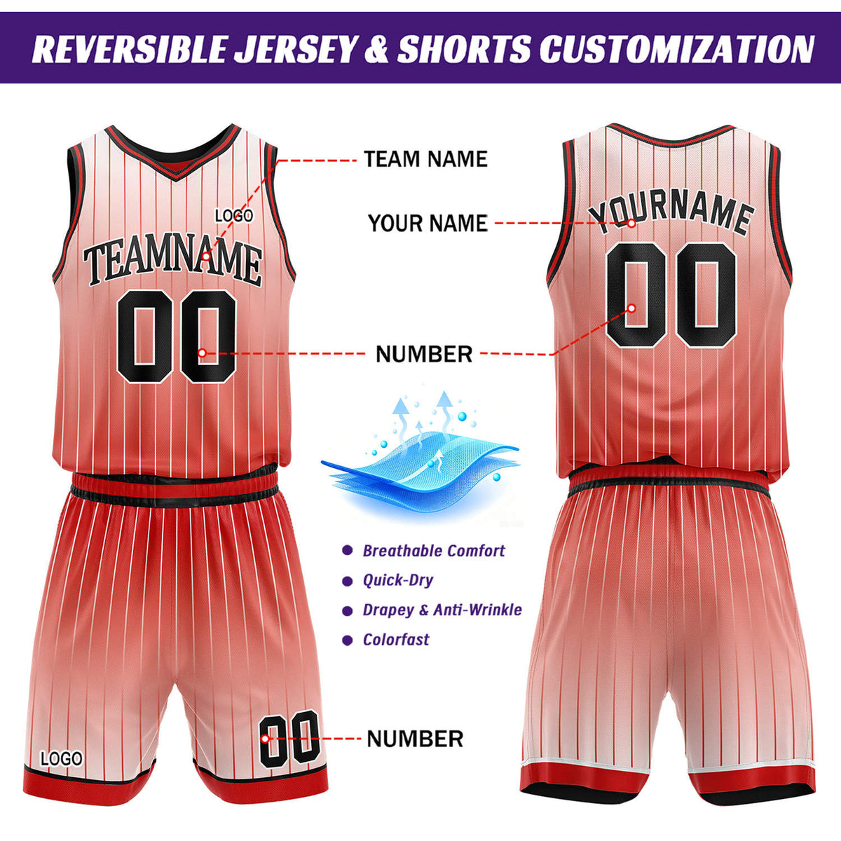 Custom Gradient Red & White Pinstripe Reversible Basketball Jersey Shorts Set | Personalized Team Uniform