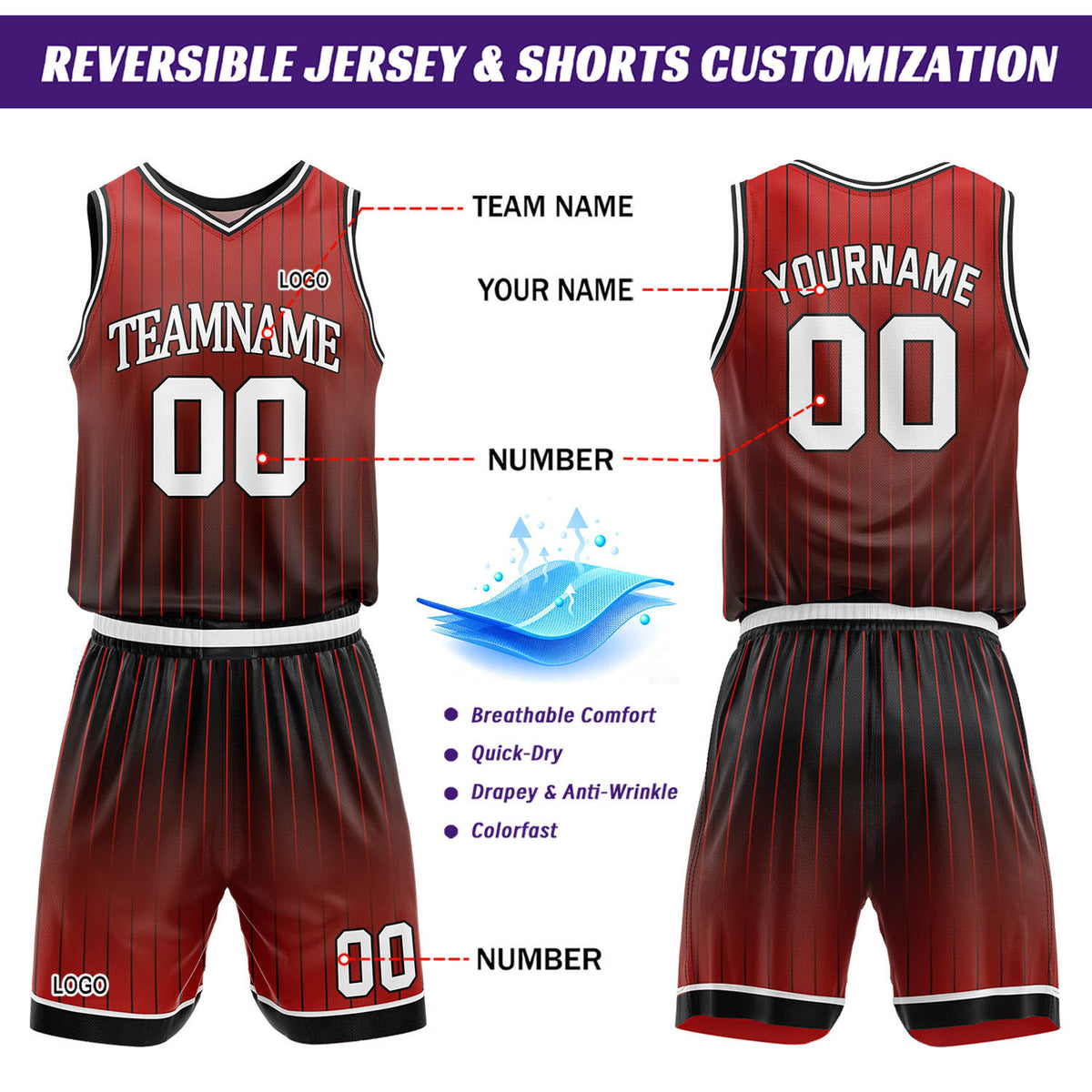 Custom Gradient Red & White Pinstripe Reversible Basketball Jersey Shorts Set | Personalized Team Uniform