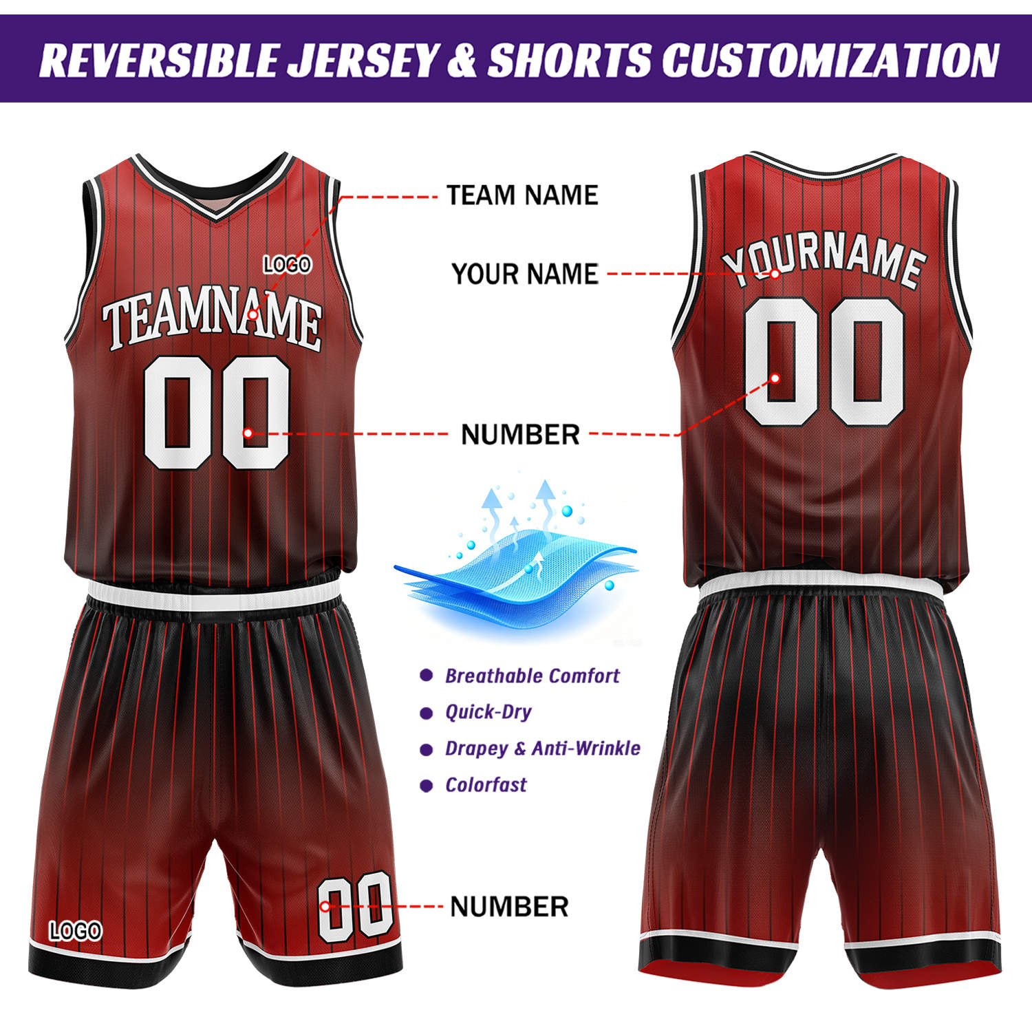 Custom Gradient Red & White Pinstripe Reversible Basketball Jersey Shorts Set | Personalized Team Uniform