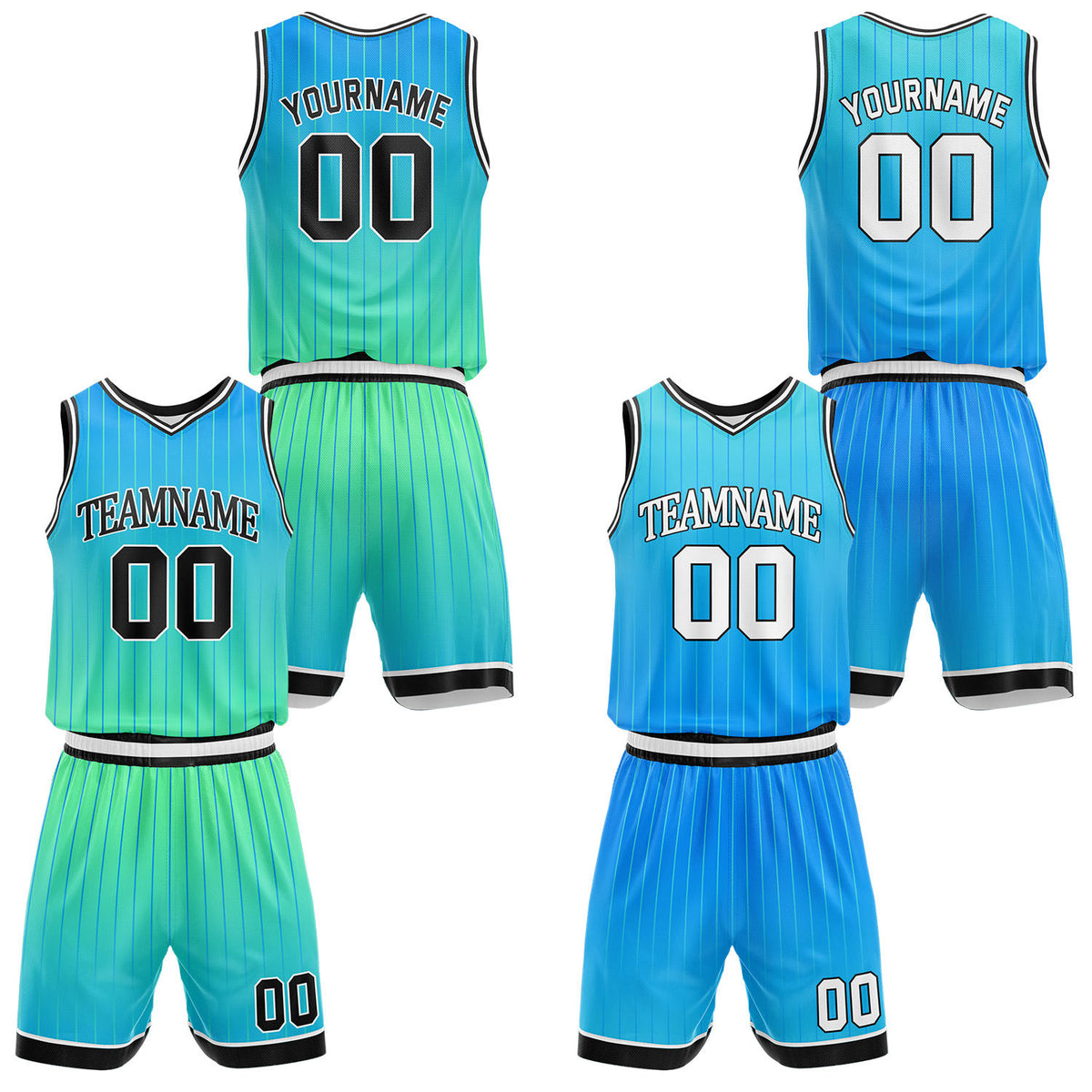 Custom gradient teal &amp; light blue pinstripe reversible basketball jersey shorts set by Vosoli | Personalized team name number vintage uniform sportswear