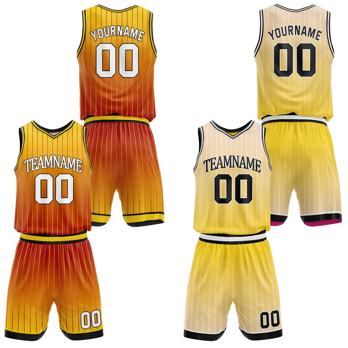 Custom gradient yellow &amp; orange pinstripe reversible basketball jersey shorts set by Vosoli | Personalized team name number vintage uniform sportswear