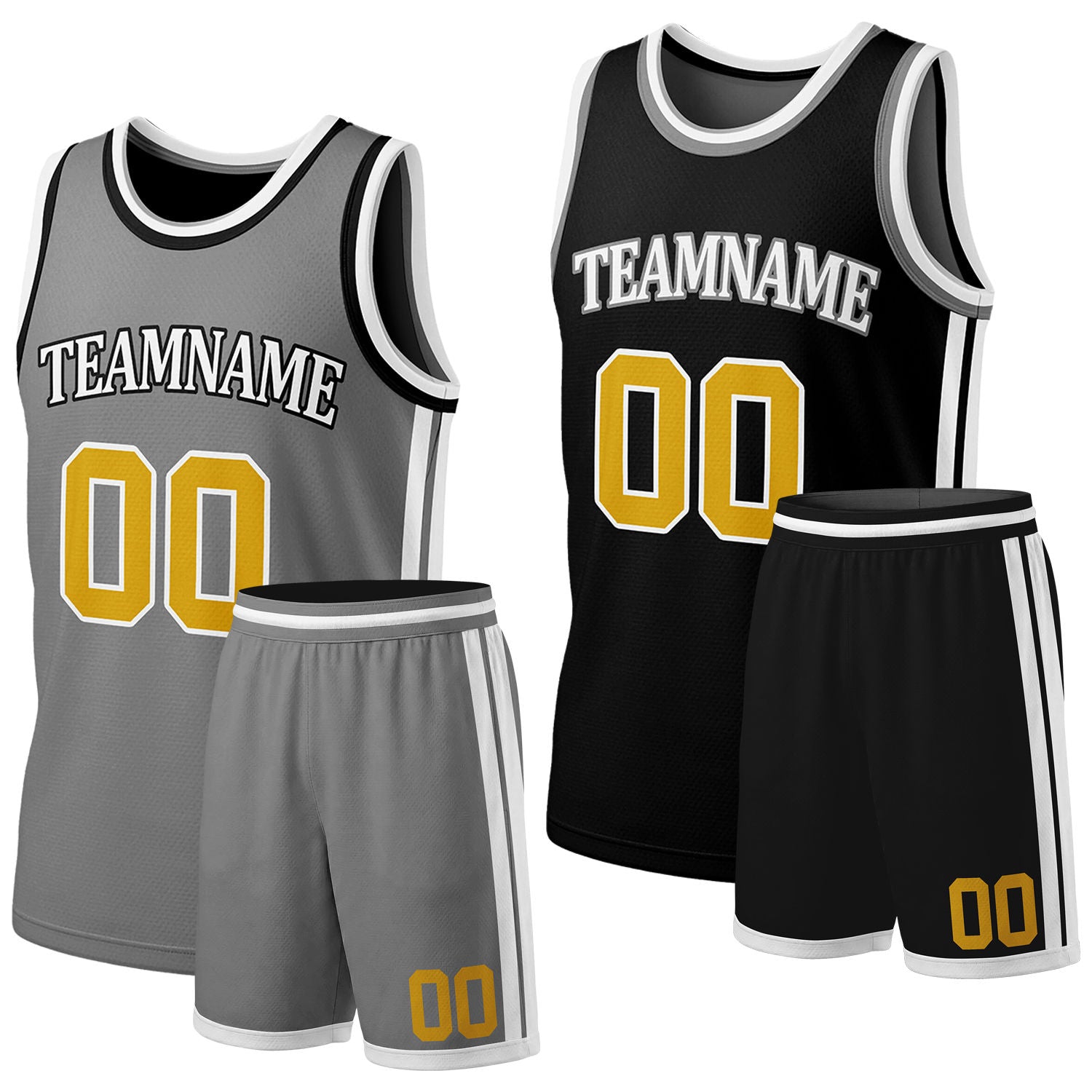 Custom gray & black reversible basketball jersey shorts set by Vosoli | Personalized team name & number full team uniform sportswear