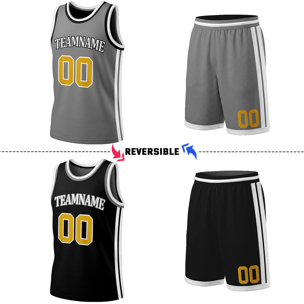 Custom Gray & Black Reversible Basketball Jersey Shorts Set | Personalized Full Team Uniform