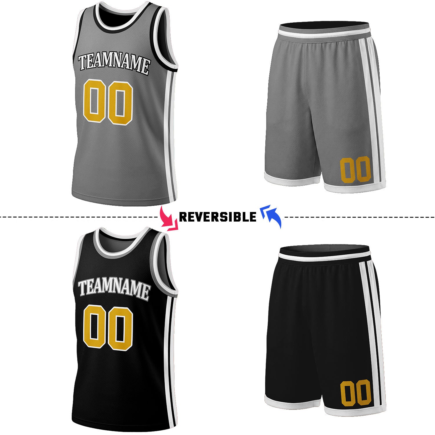 Custom Gray & Black Reversible Basketball Jersey Shorts Set | Personalized Full Team Uniform