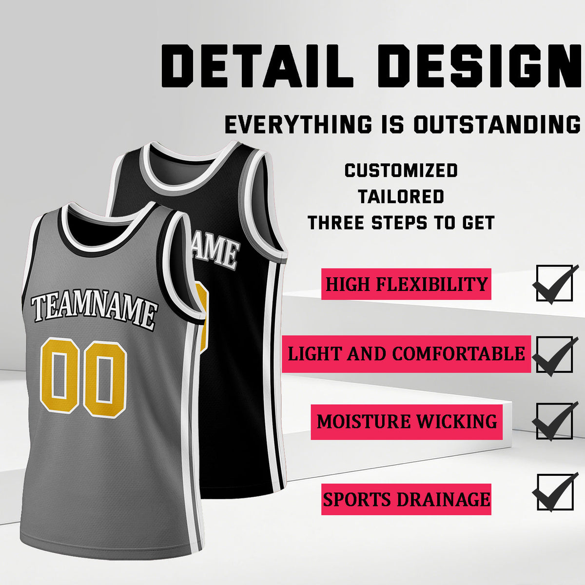 Custom Gray & Black Reversible Basketball Jersey Shorts Set | Personalized Full Team Uniform