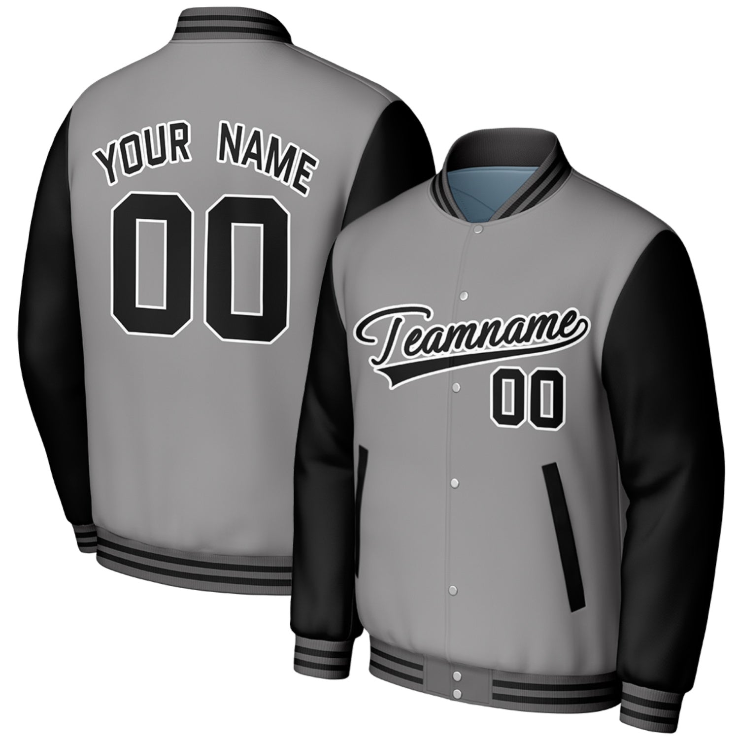 custom gray black sports jackets by Vosoli, personalized stitched name, number & logo, classic button up varsity letterman jacket for sports teams and casual wear