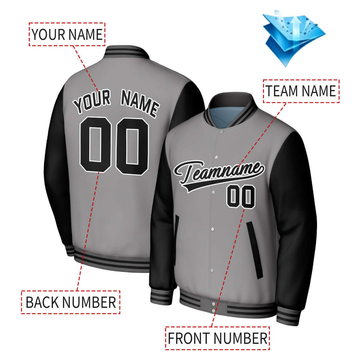 Custom Gray & Black Varsity Baseball Jacket | Personalized Jacket with Stitched Name & Number for Adult & Youth