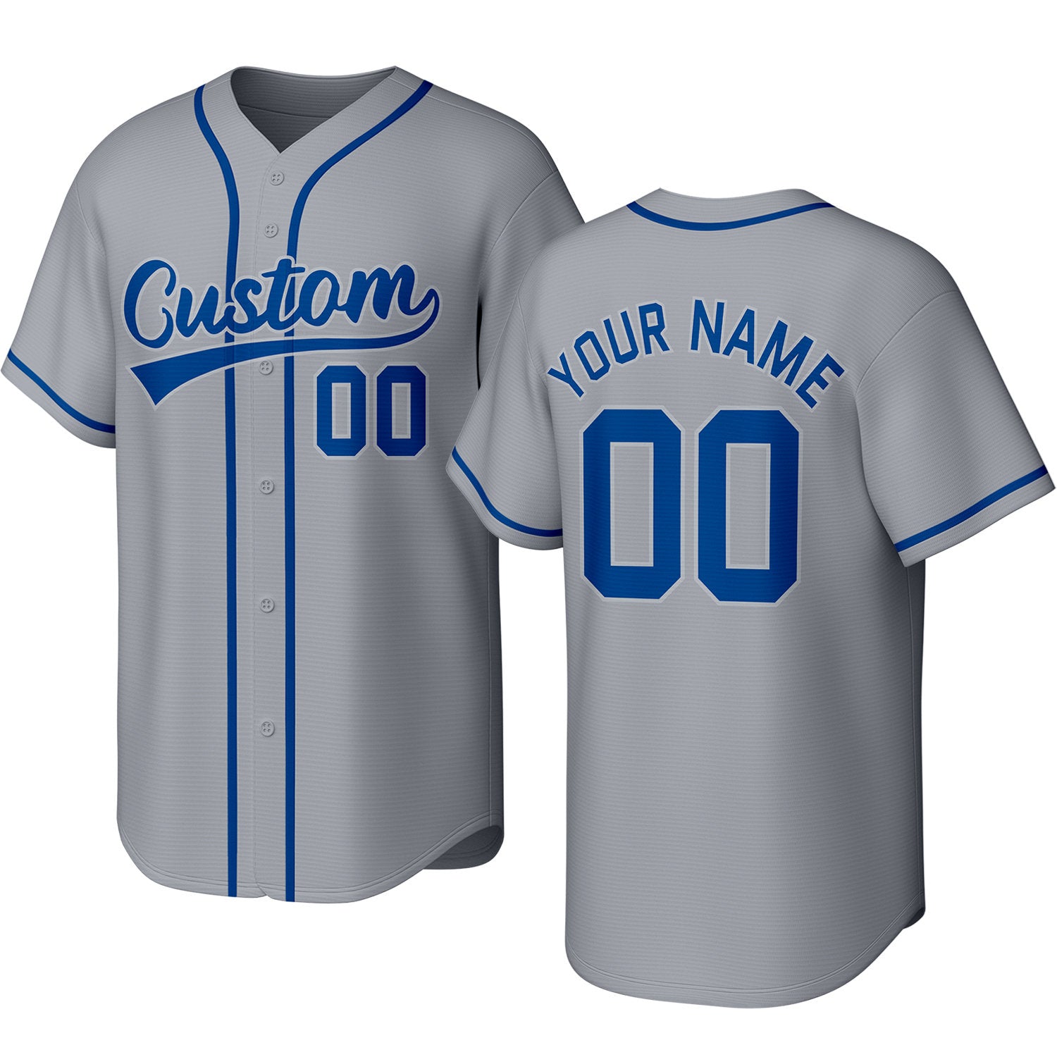 Custom gray & blue baseball jersey with stitched logo, personalized name & number, button-front short-sleeve sports uniform for team men women youth game practice - Vosoli