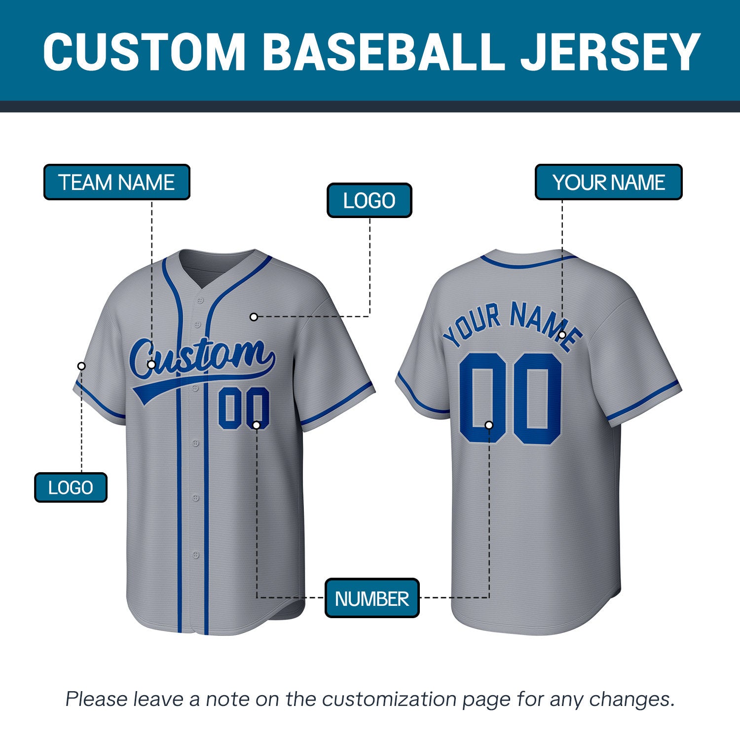 Custom Stitched Baseball Jersey Gray Blue | Personalized Name & Number | Team Uniform