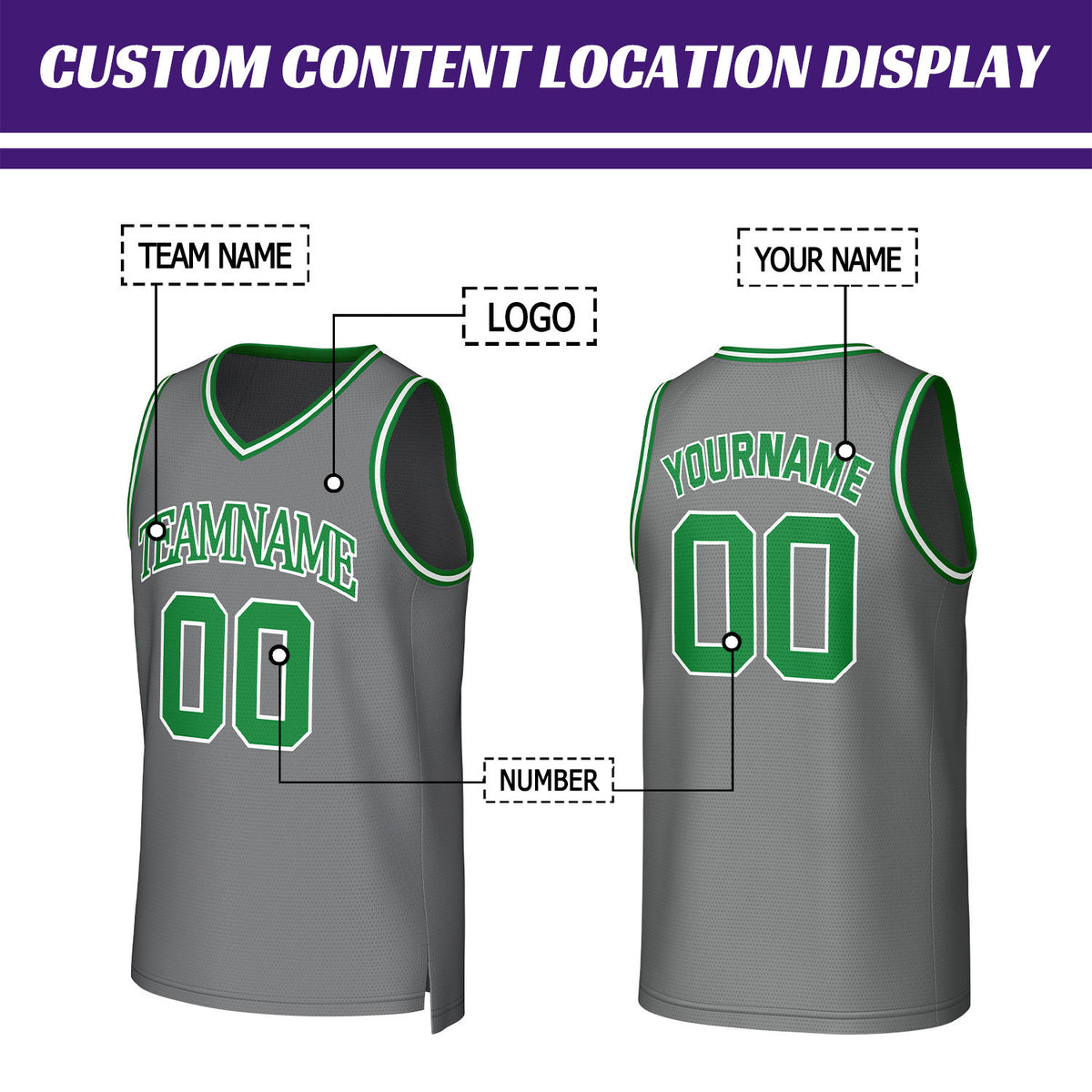 Custom Gray & Green Mesh Basketball Jersey | Personalized Name & Number Team Uniform