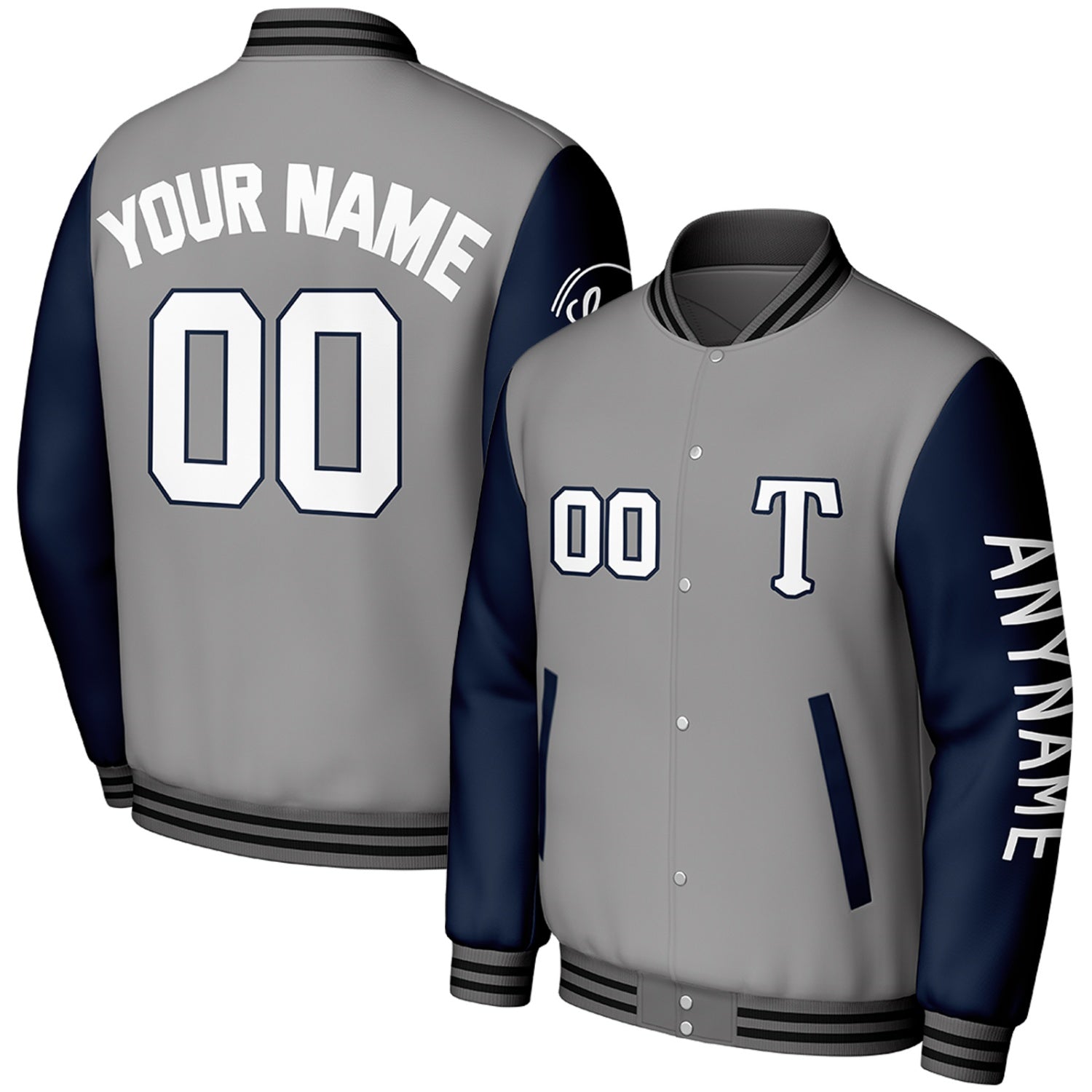 custom gray navy club baseball jackets by Vosoli, personalized stitched name, number & logo, classic button up varsity letterman jacket for club baseball team and casual wear