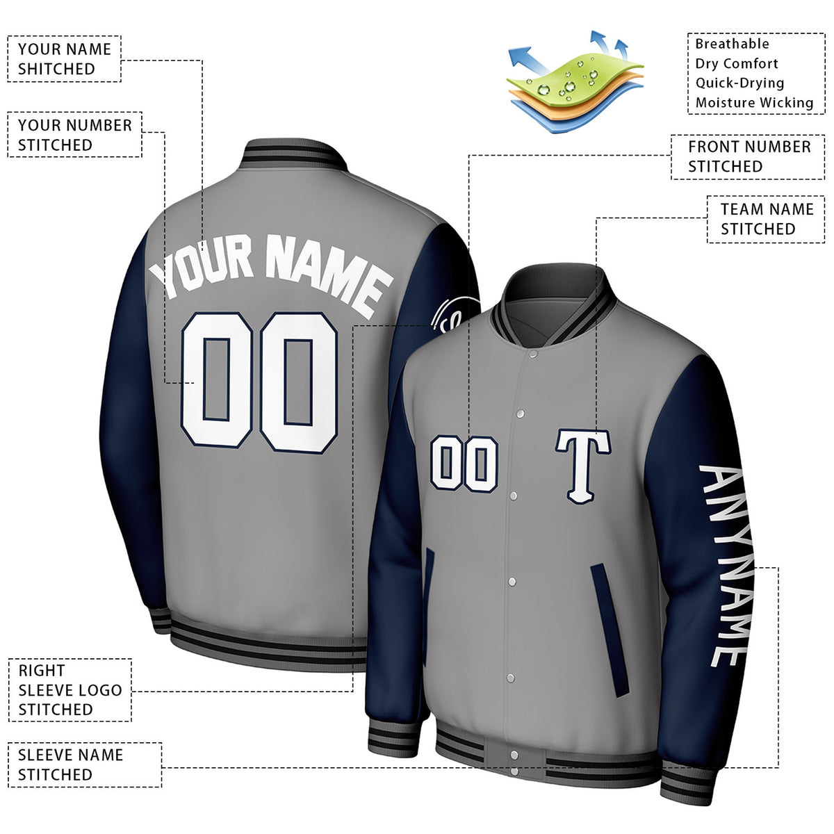 Custom Gray & Navy Varsity Baseball Jacket | Personalized Letterman Baseball Bomber for Adult & Youth