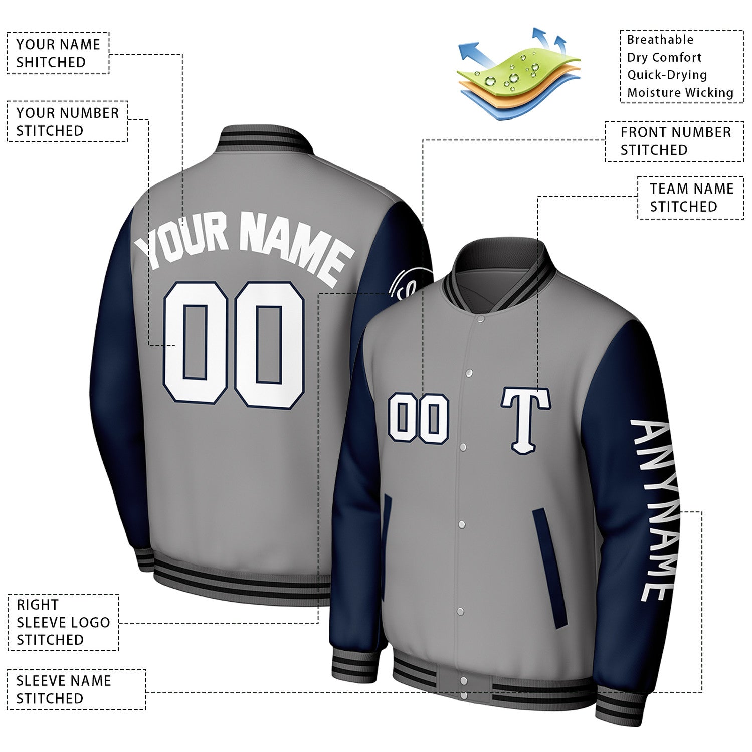 Custom Gray & Navy Varsity Baseball Jacket | Personalized Letterman Baseball Bomber for Adult & Youth