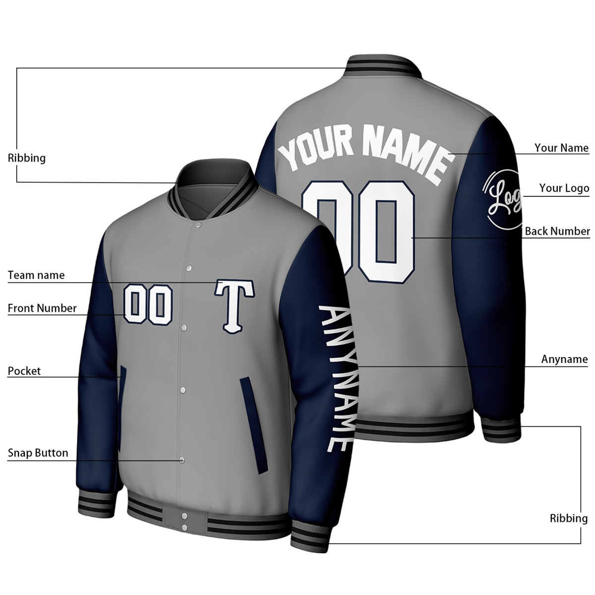Custom Gray & Navy Varsity Baseball Jacket | Personalized Letterman Baseball Bomber for Adult & Youth
