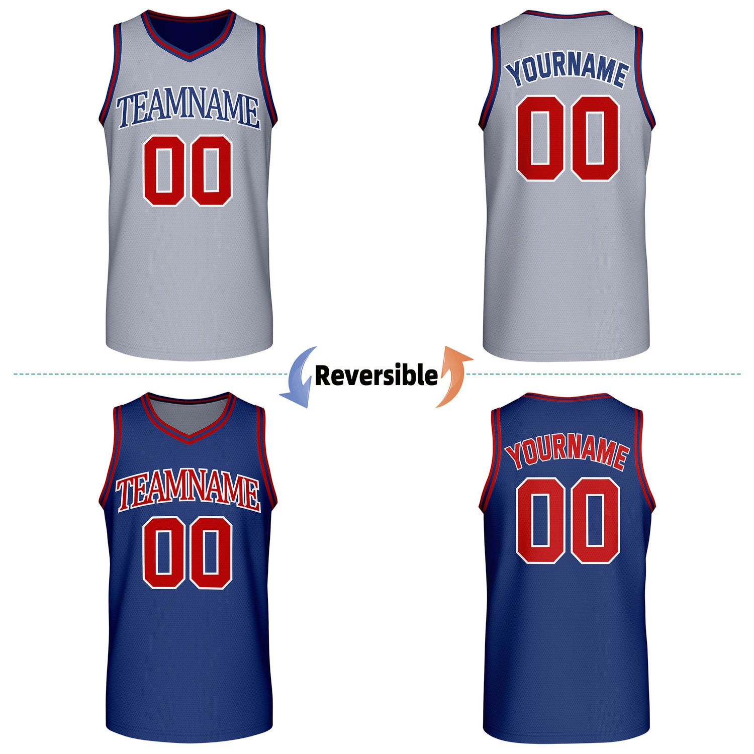 Custom reversible retro gray & navy basketball jersey, personalized team name & number, 2-in-1 sleeveless uniform for men women youth adult game practice - Vosoli