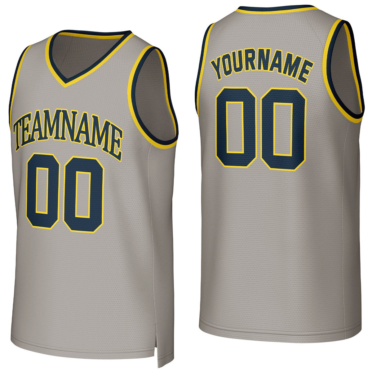 Custom gray &amp; navy basketball jersey by Vosoli | Personalized stitched team name, number &amp; logo | Breathable mesh sport jersey