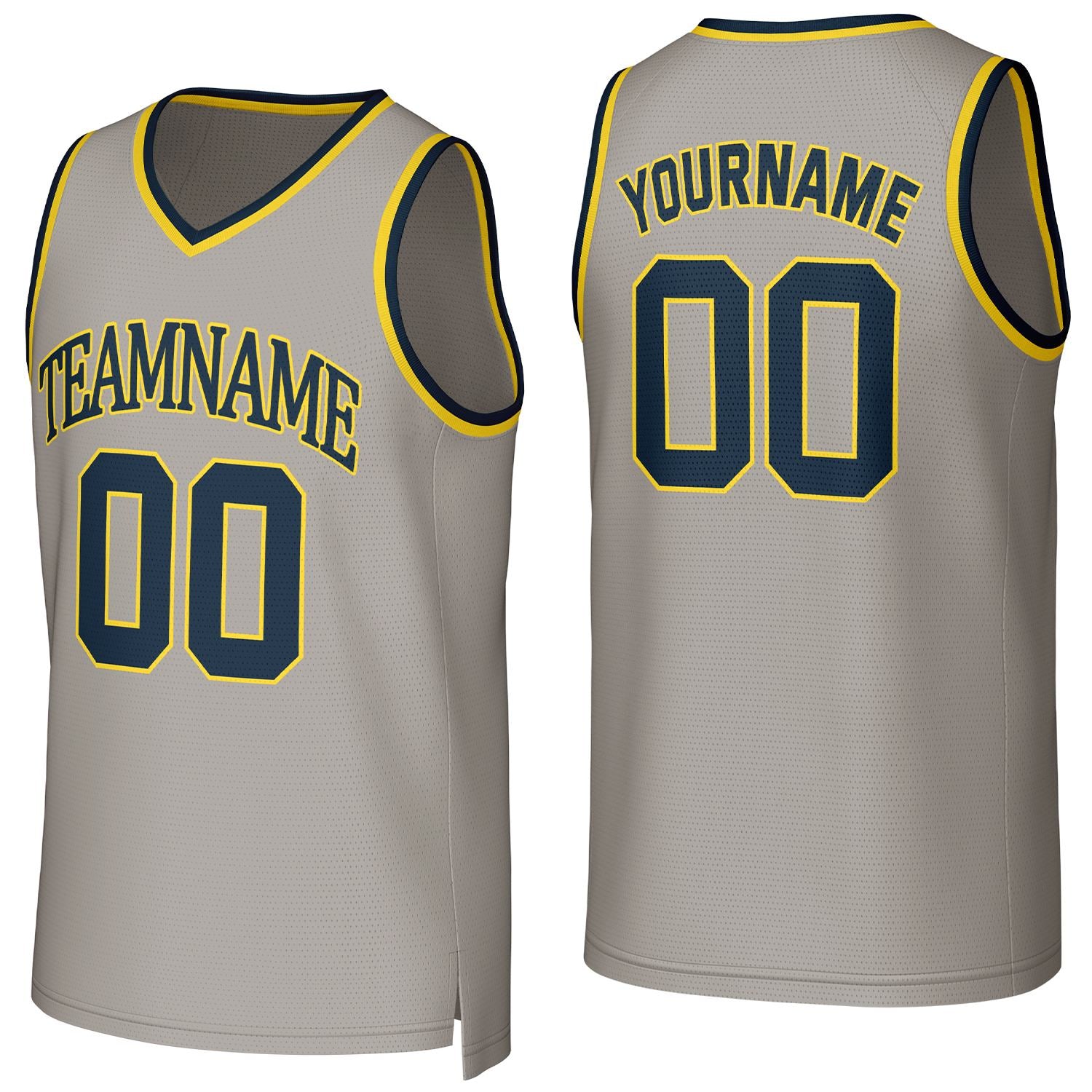 Custom gray & navy basketball jersey by Vosoli | Personalized stitched team name, number & logo | Breathable mesh sport jersey