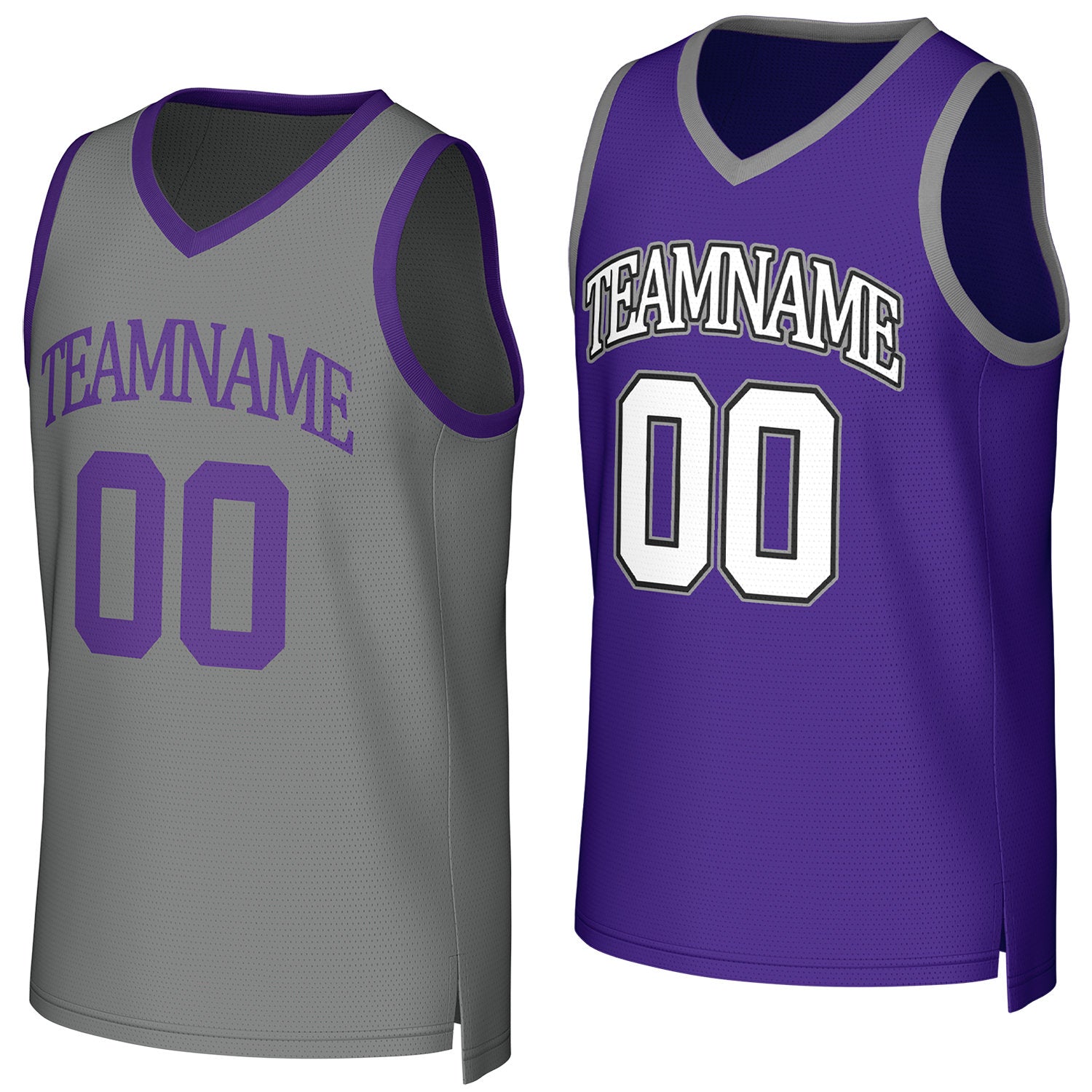Custom gray & purple reversible basketball jersey by Vosoli | Personalized team name & number sportswear