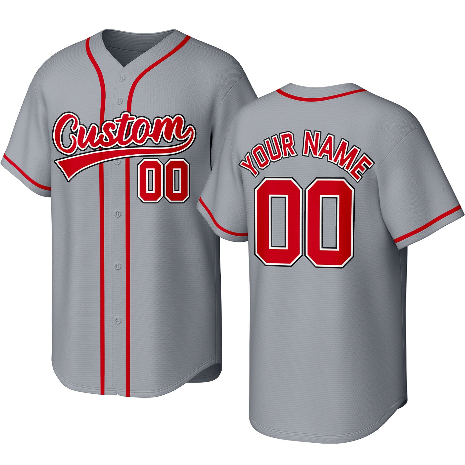 Custom gray & red baseball jersey with stitched logo, personalized name & number, button-front short-sleeve sports uniform for team men women youth game practice - Vosoli