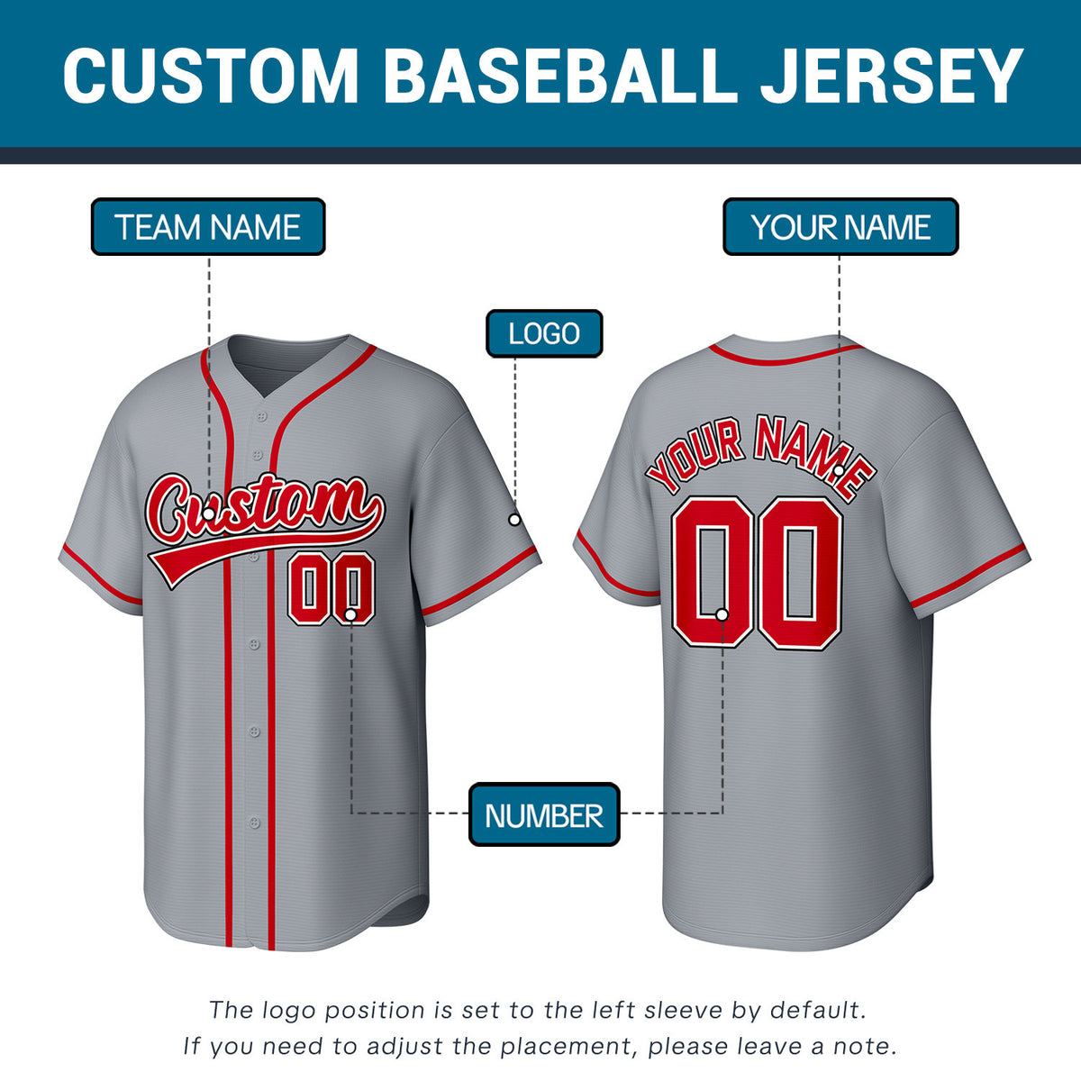 Custom Stitched Baseball Jersey Gray Red | Personalized Name & Number | Team Uniform
