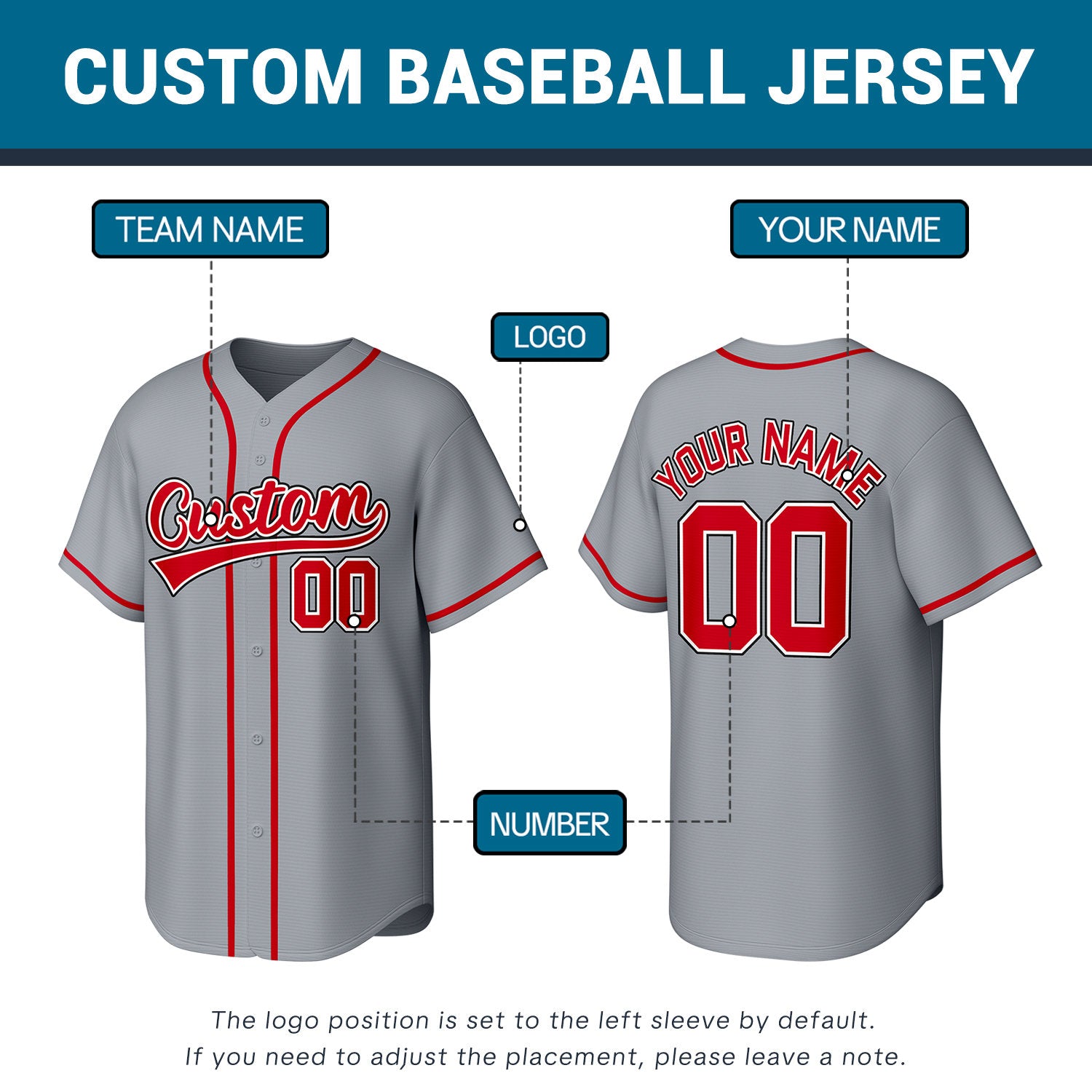 Custom Stitched Baseball Jersey Gray Red | Personalized Name & Number | Team Uniform