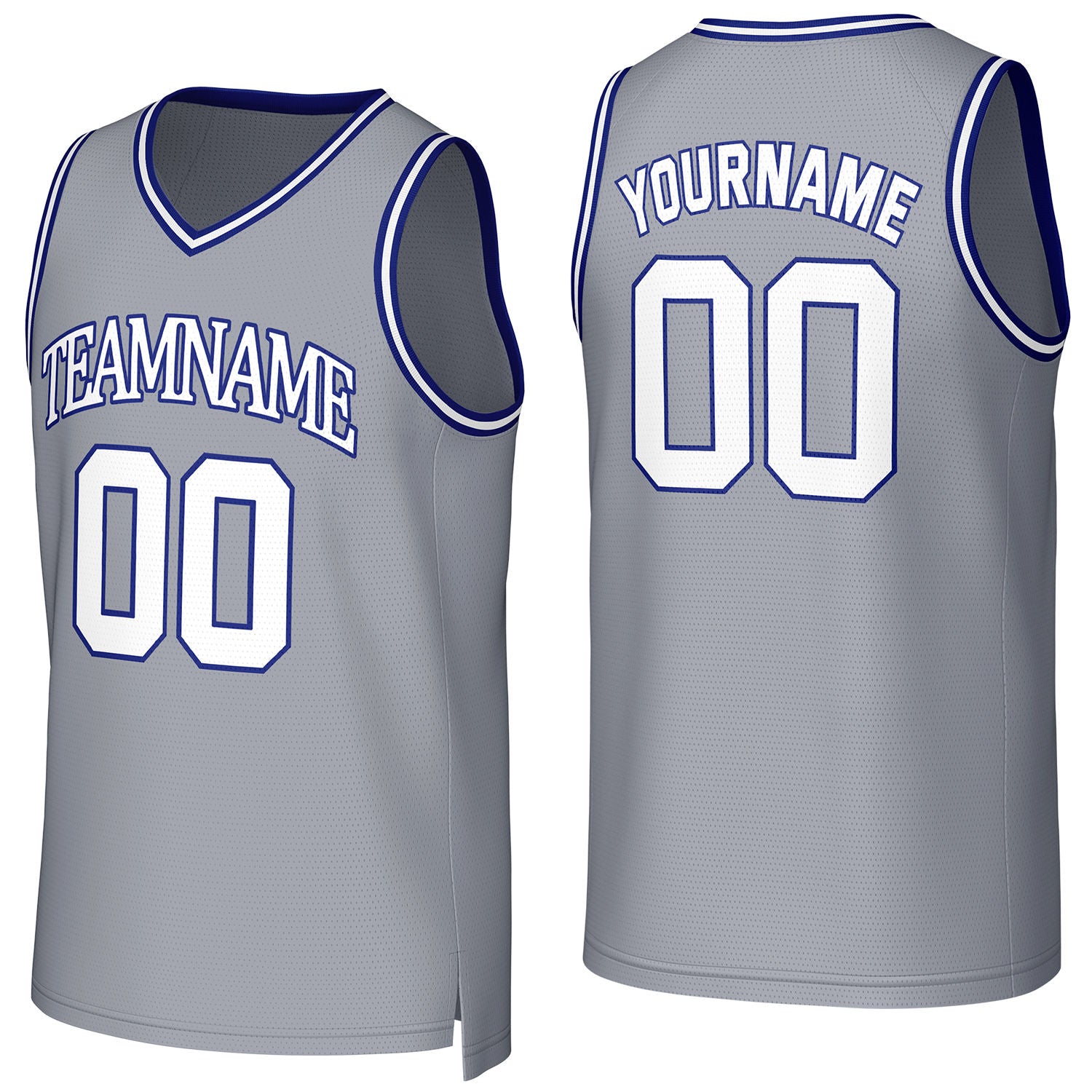Custom gray-white-blue V-neck mesh basketball jersey by Vosoli | Personalized name & number team uniform for youth & adults