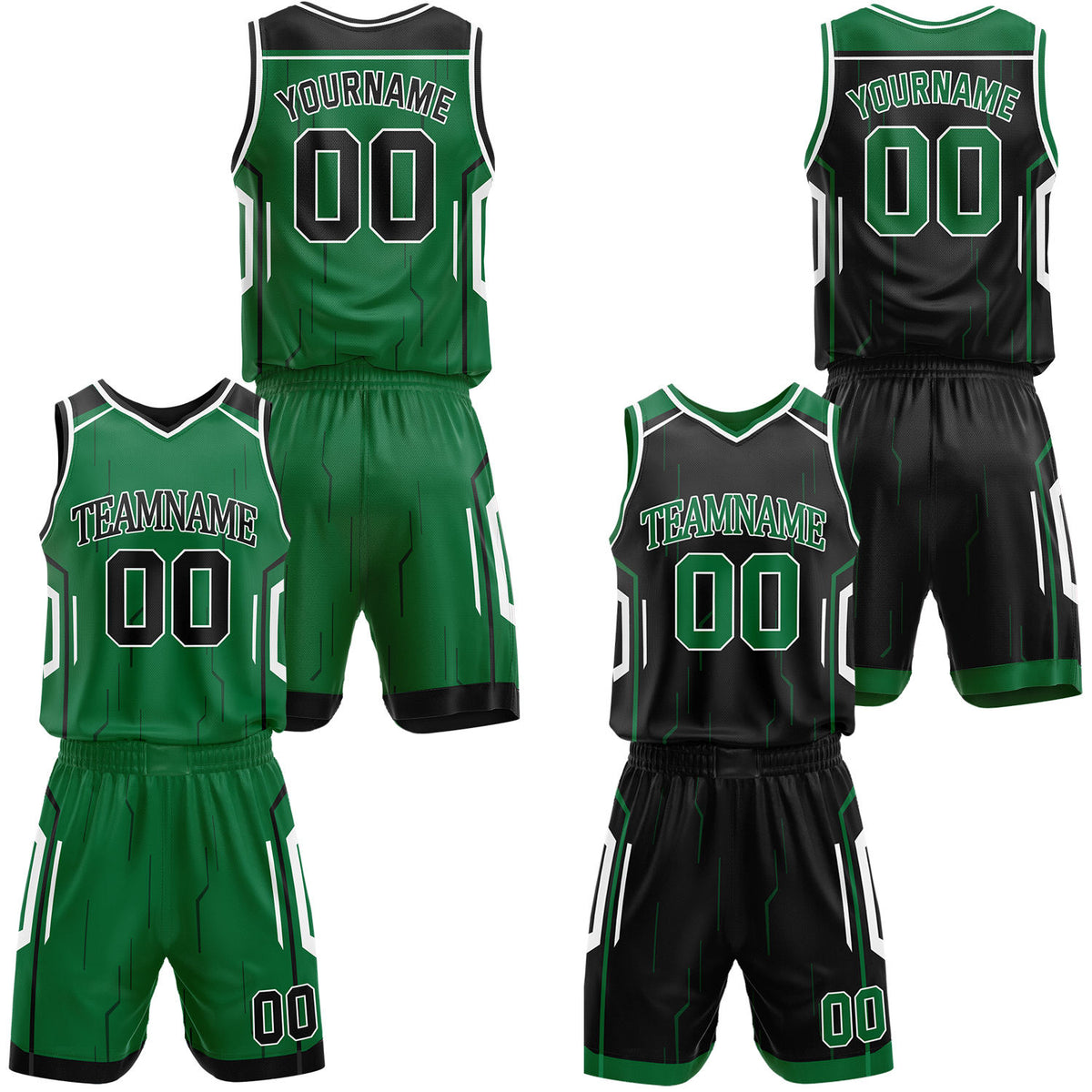 Custom green &amp; black reversible basketball jersey shorts set by Vosoli | Personalized block team name number circuit geometric uniform sportswear