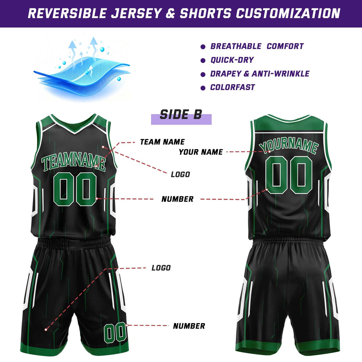 Custom Green & Black Reversible Circuit Geometric Basketball Jersey Shorts Set | Personalized Team Uniform