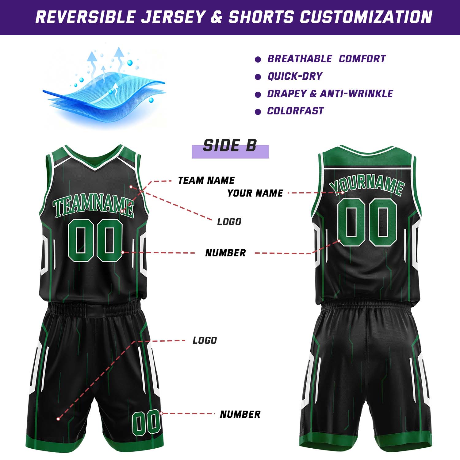 Custom Green & Black Reversible Circuit Geometric Basketball Jersey Shorts Set | Personalized Team Uniform