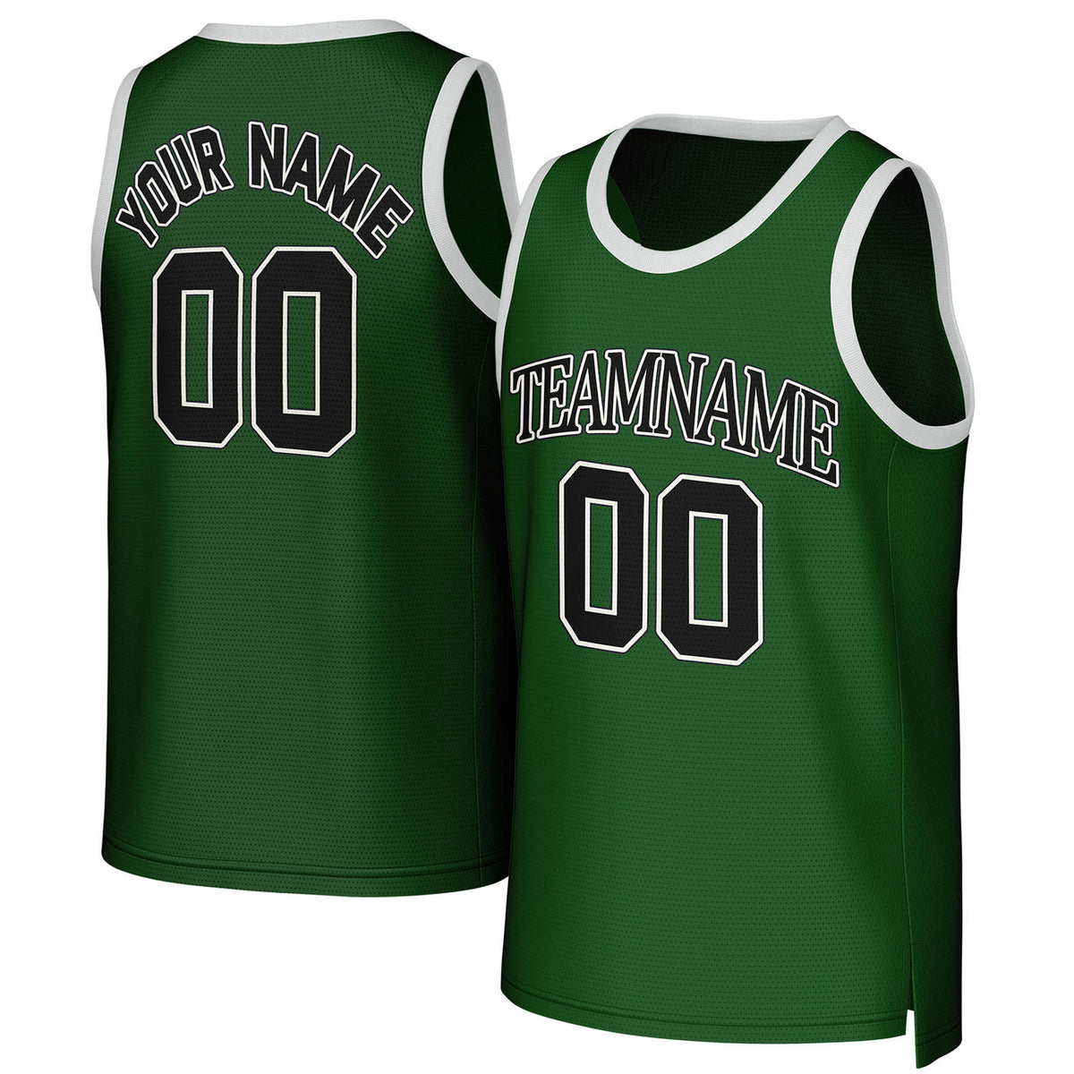 Custom green & black basketball jersey by Vosoli. Personalized with team name, player name, number, and logo. Breathable mesh jersey for high school, college, AAU teams.