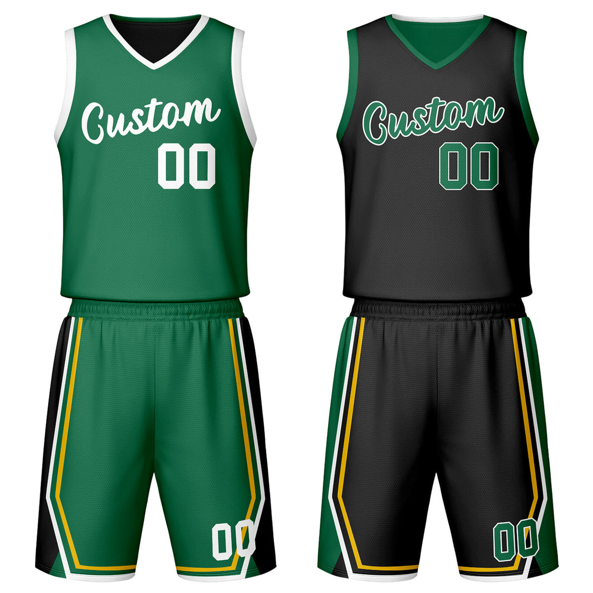 Custom green &amp; black reversible basketball jersey set with shorts by Vosoli | Personalized team name, number &amp; logo | Breathable mesh sport jersey uniform