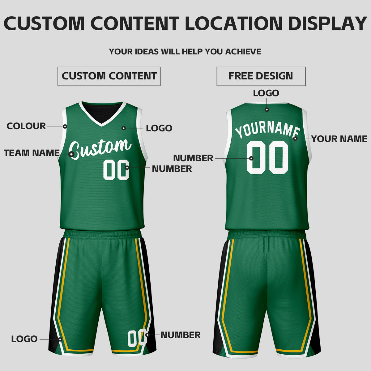 Custom Green Black Reversible Basketball Jersey Set | Personalized Name Number Mesh Sports Uniform